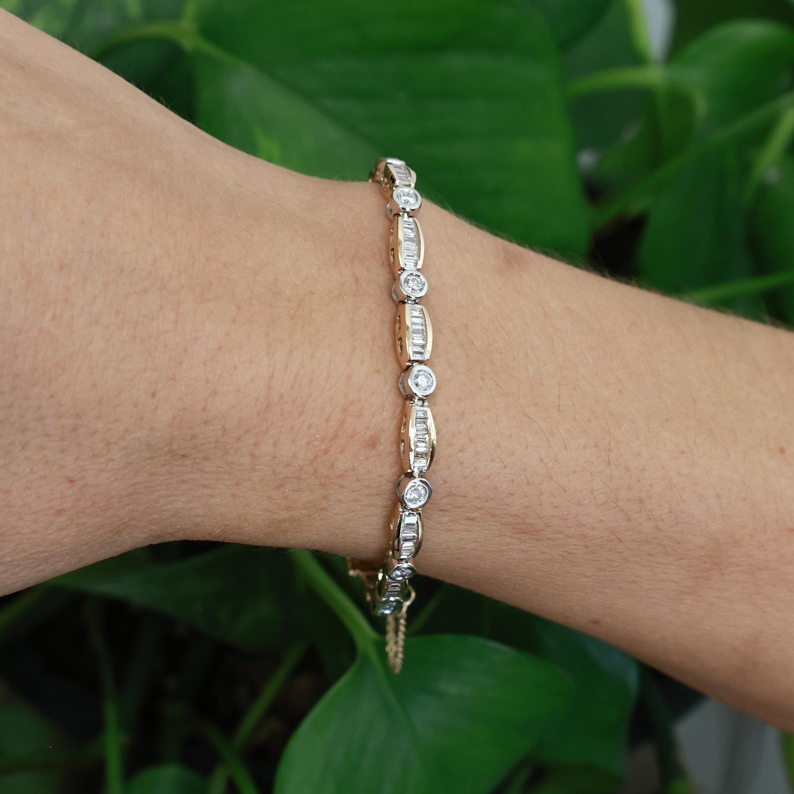 14K Two Tone Gold 3.00CTW Round Baguette Diamond Tennis Bracelet 6.25" Estate