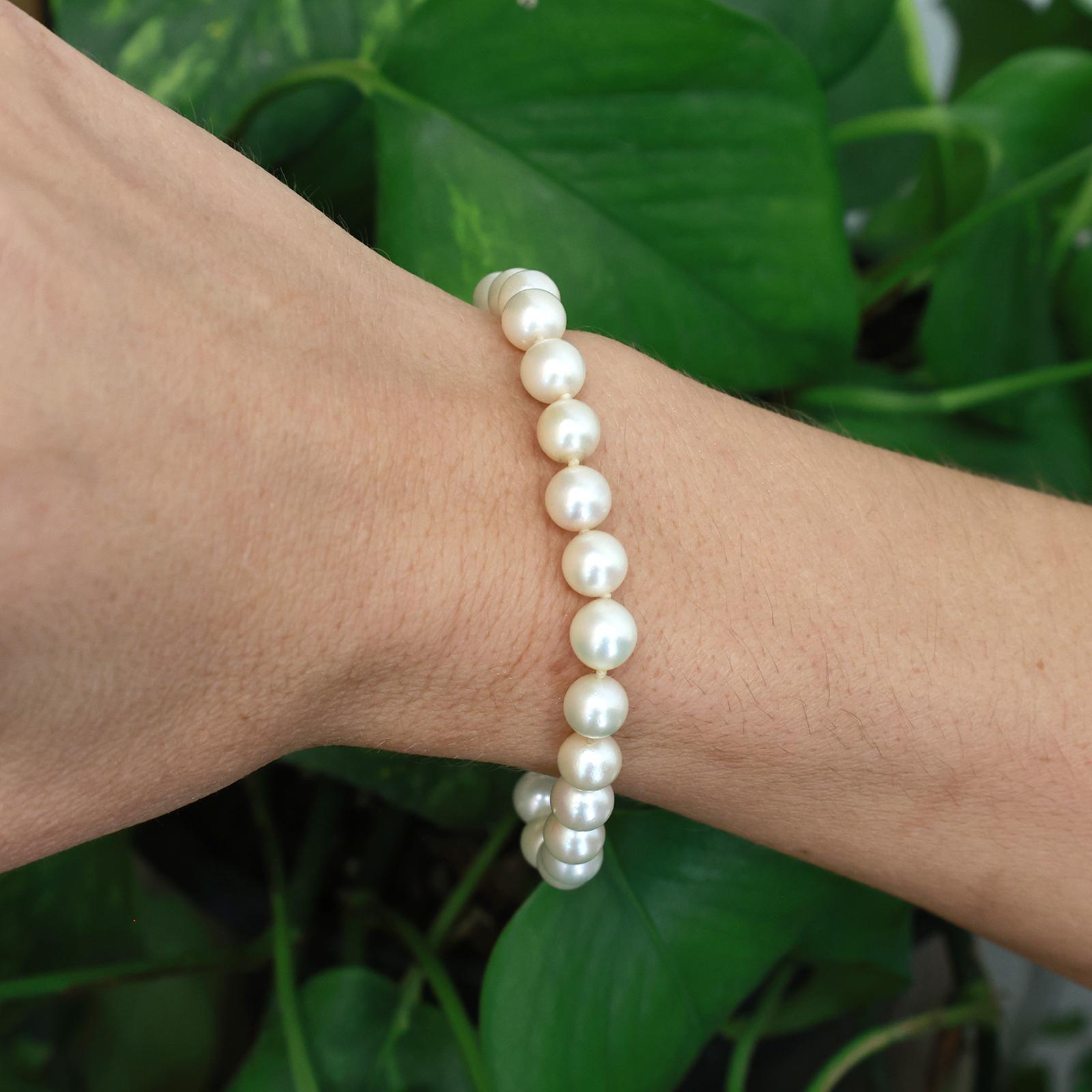 14K Gold 6.8mm Cultured Akoya Pearl Bracelet 7" Filigree Clasp 22 Pearls Estate