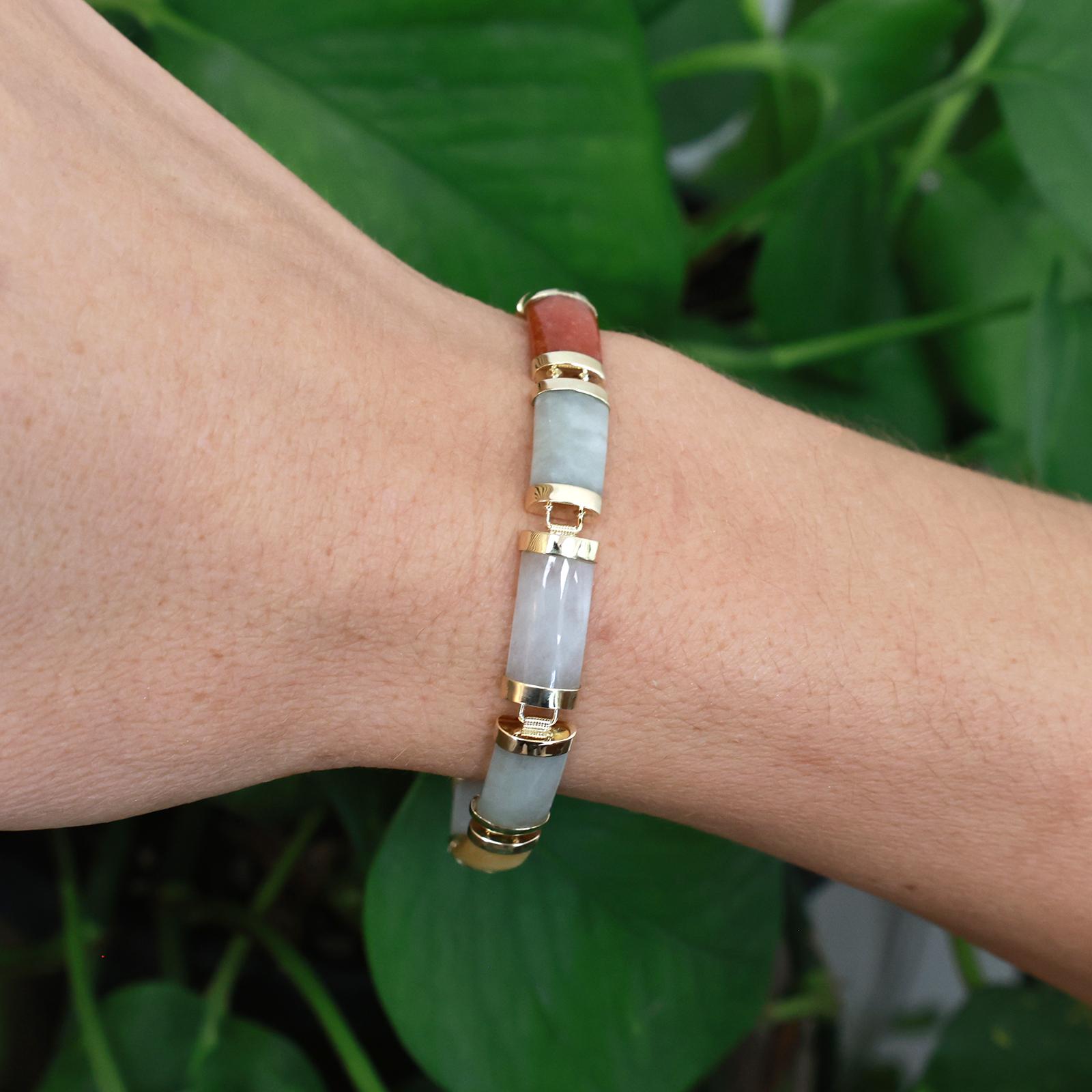 14K Gold Multi Color Jadeite Link Bracelet 6.75" Box Clasp Estate 585