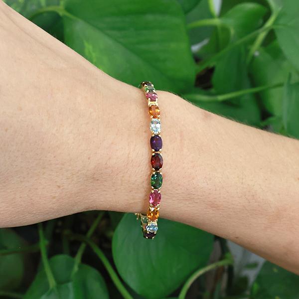 Multi Gemstone Tennis Bracelet Yellow Gold Amethyst Tourmaline Garnet Topaz 6.75