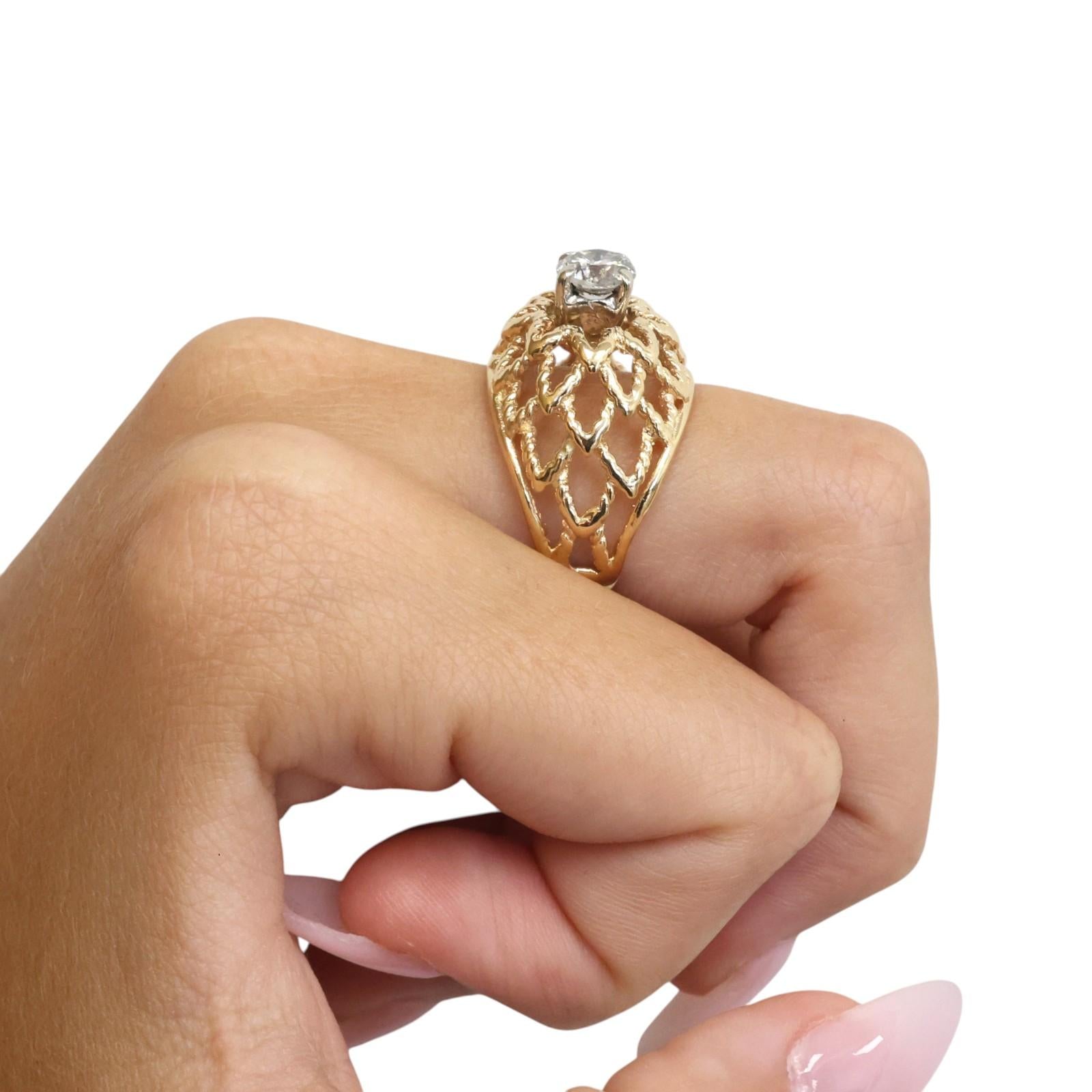 Two-Tone Gold 0.80CT Solitaire Round Diamond Filigree Cocktail Ring Size 5.75