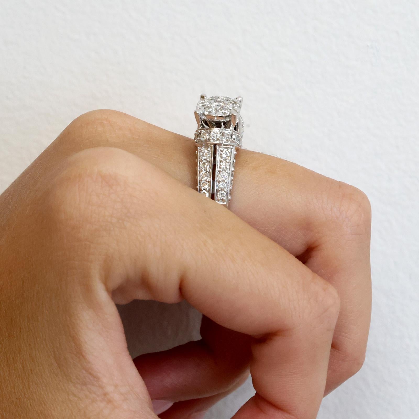 14K White Gold 2.20CTW Round Diamond Cluster Halo Floral Ring Size 6.5