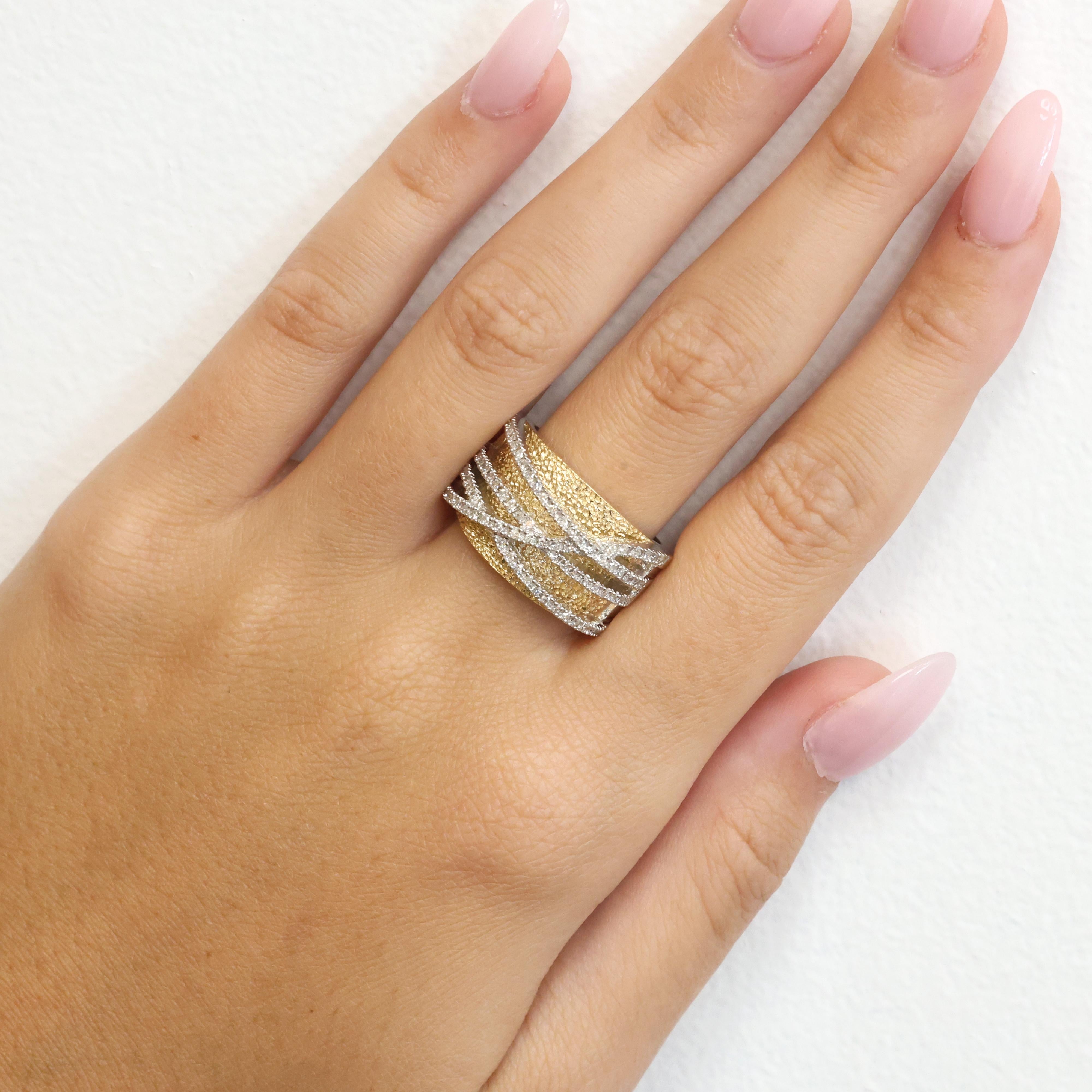 14K Two-Tone Gold 0.60CTW Diamond Criss Cross Wide Band Ring EFFY Size 7.5