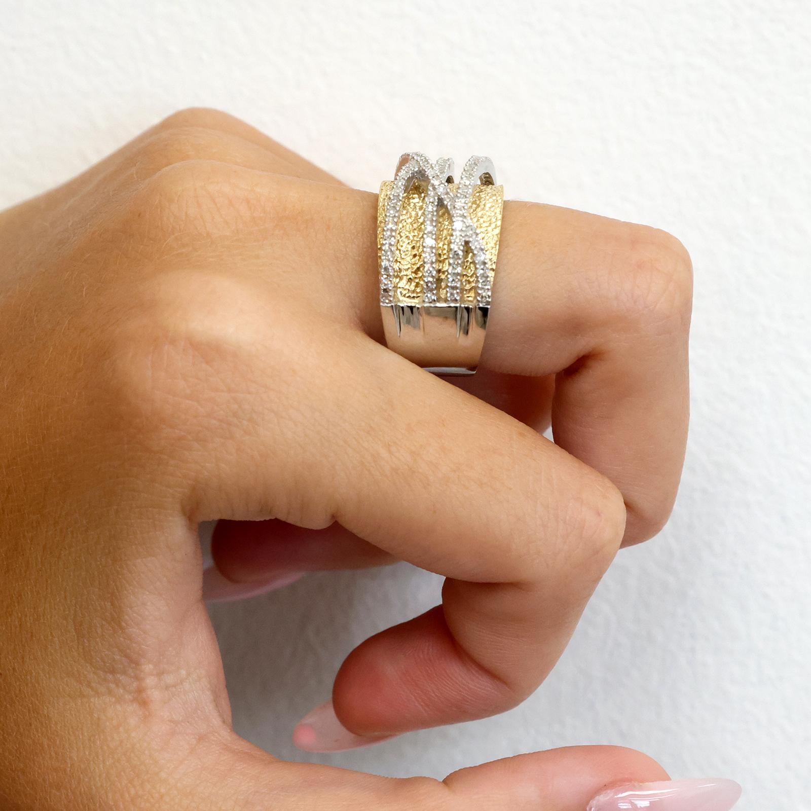 14K Two-Tone Gold 0.60CTW Diamond Criss Cross Wide Band Ring EFFY Size 7.5