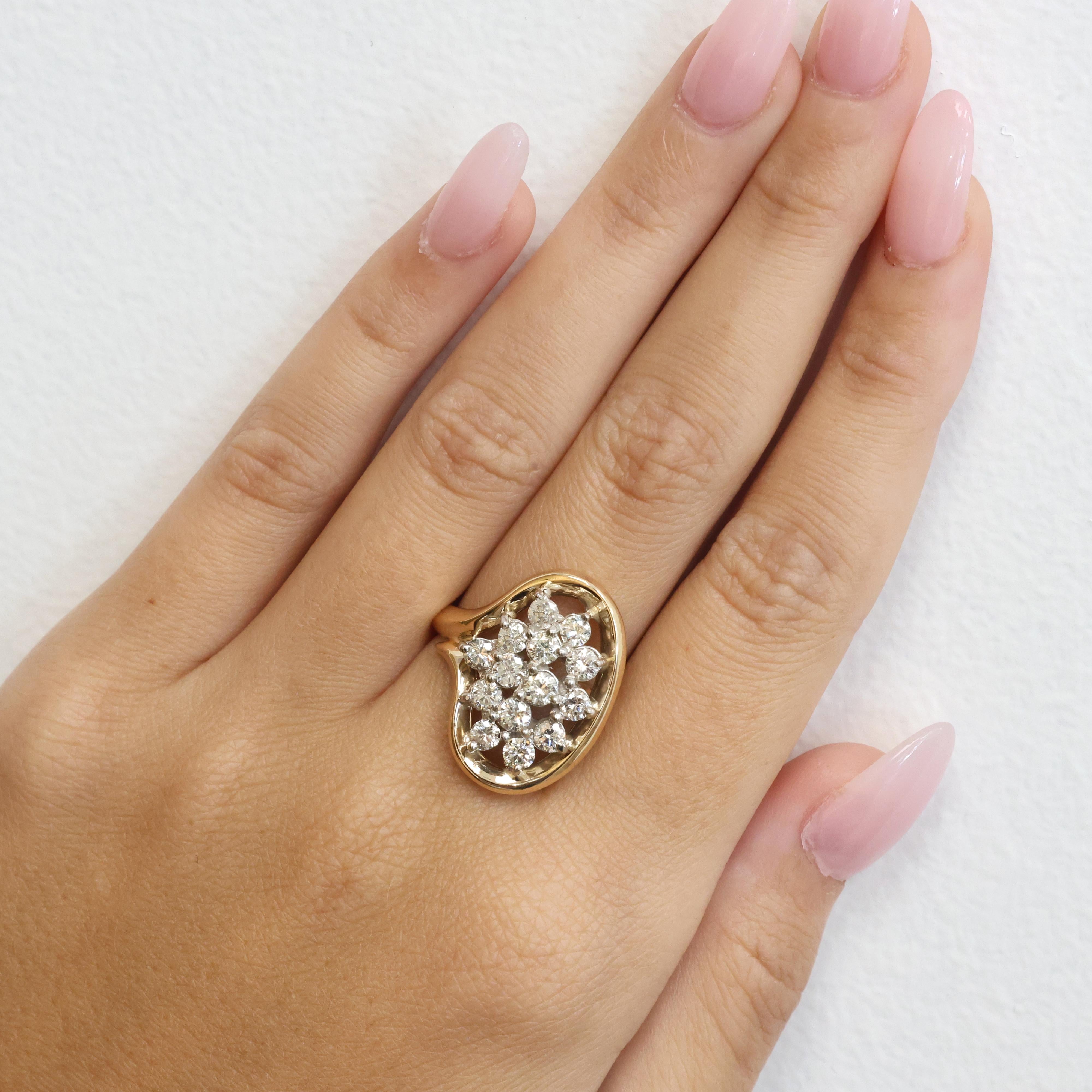 1.50CTW Diamond Cluster Ring Two Tone Gold Estate Cocktail Ring Size 5.25