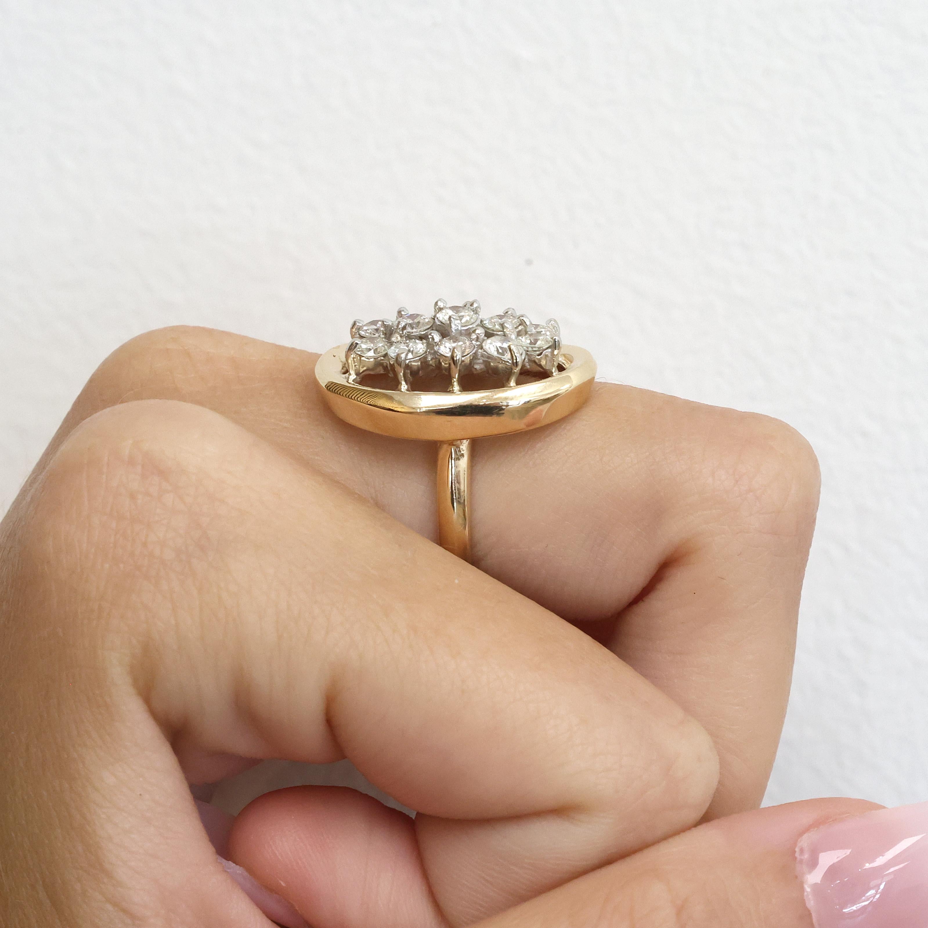 1.50CTW Diamond Cluster Ring Two Tone Gold Estate Cocktail Ring Size 5.25