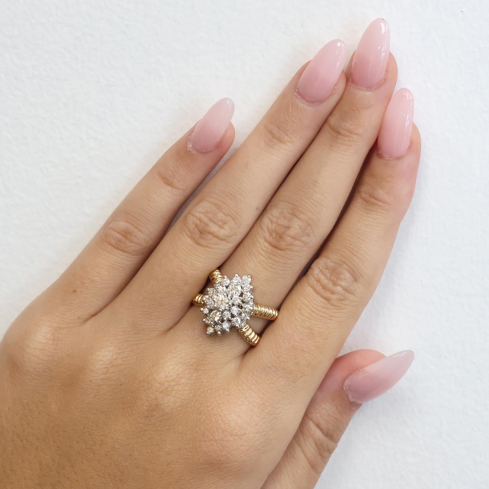 1.00CTW Diamond Cluster Ring 14K Two Tone Gold Floral Estate Ring Size 5.5