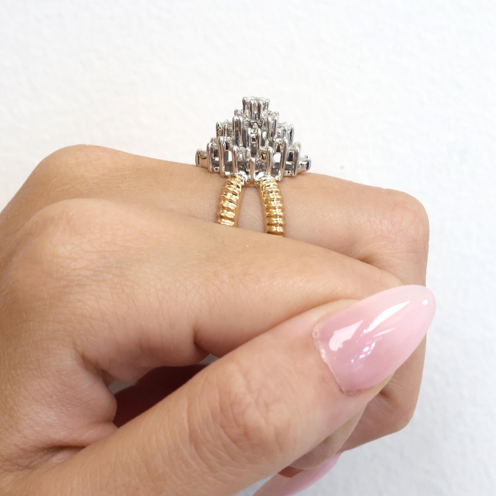 1.00CTW Diamond Cluster Ring 14K Two Tone Gold Floral Estate Ring Size 5.5