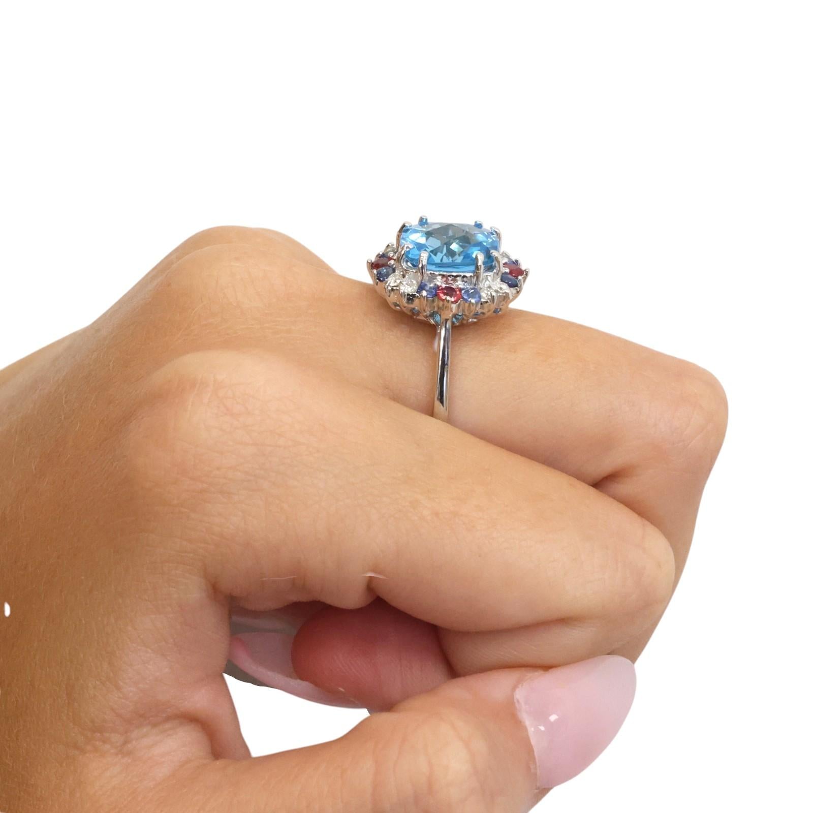 5.36CTW Blue Topaz Mixed Sapphire Diamond 14K White Gold Ring Size 6 NEW