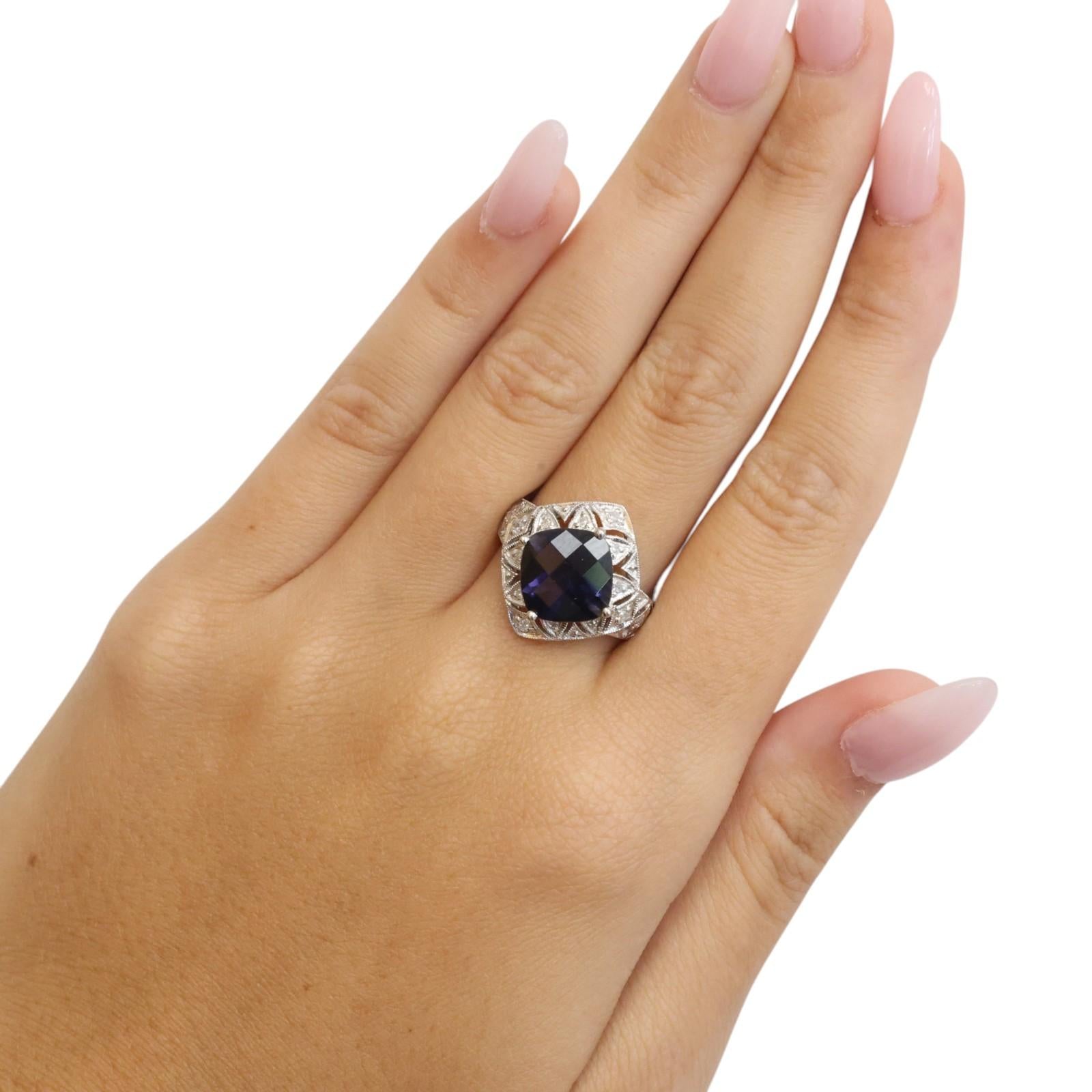 10K White Gold 3.70CT Checkerboard Cushion Cut Iolite Diamond Filigree Ring Sz 7