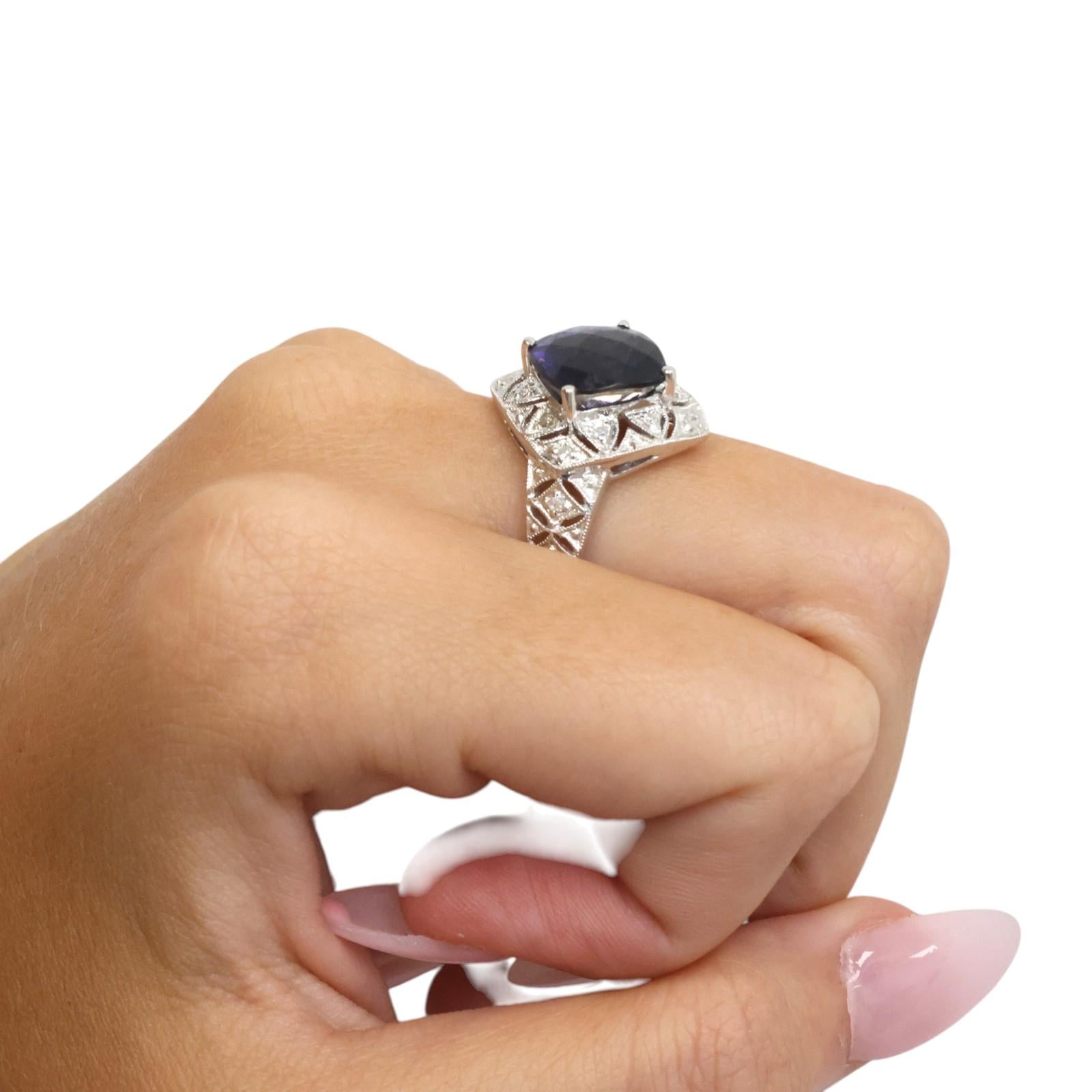 10K White Gold 3.70CT Checkerboard Cushion Cut Iolite Diamond Filigree Ring Sz 7