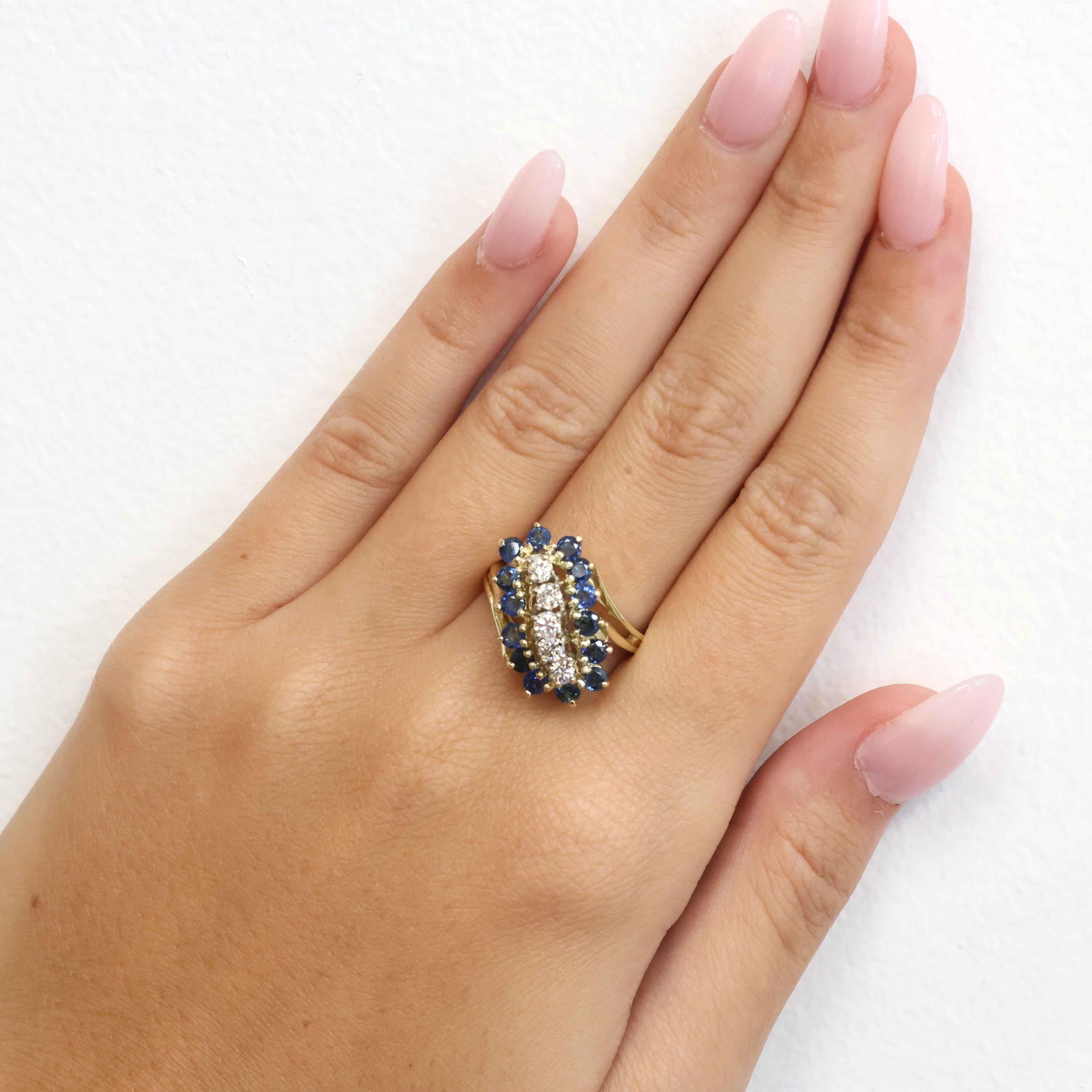 Natural Blue Sapphire Diamond Cluster Ring Yellow Gold Cocktail Size 6.5