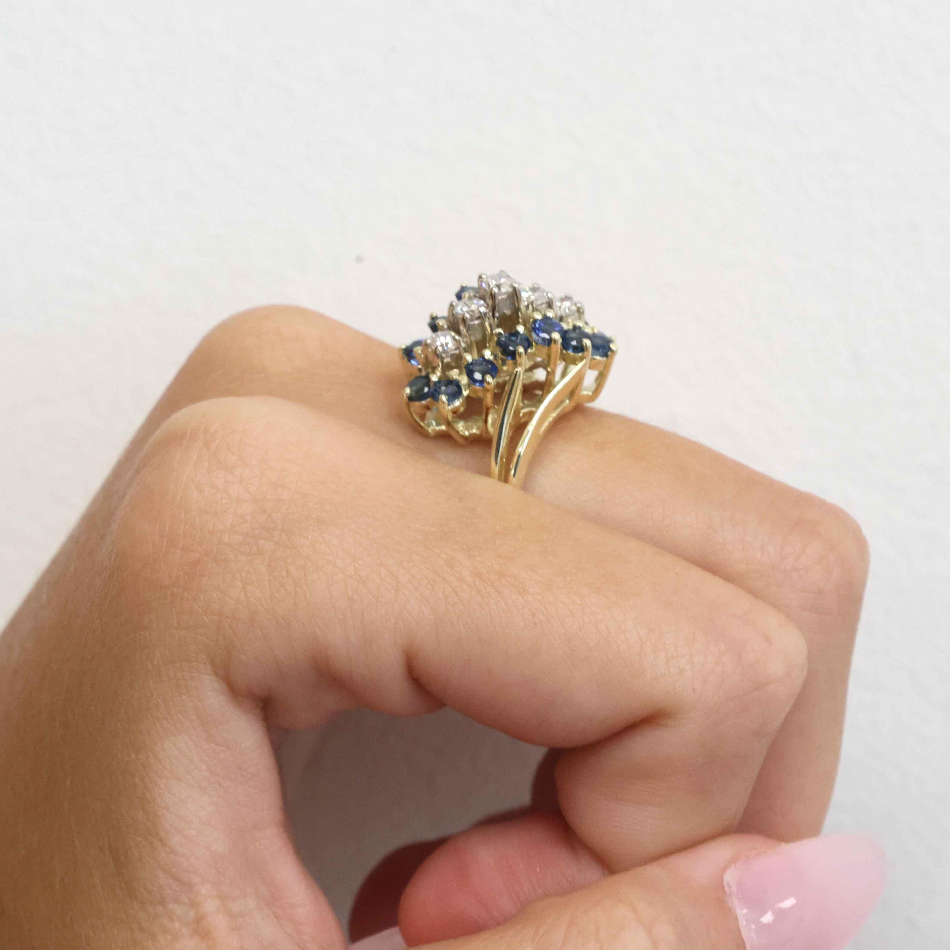 Natural Blue Sapphire Diamond Cluster Ring Yellow Gold Cocktail Size 6.5