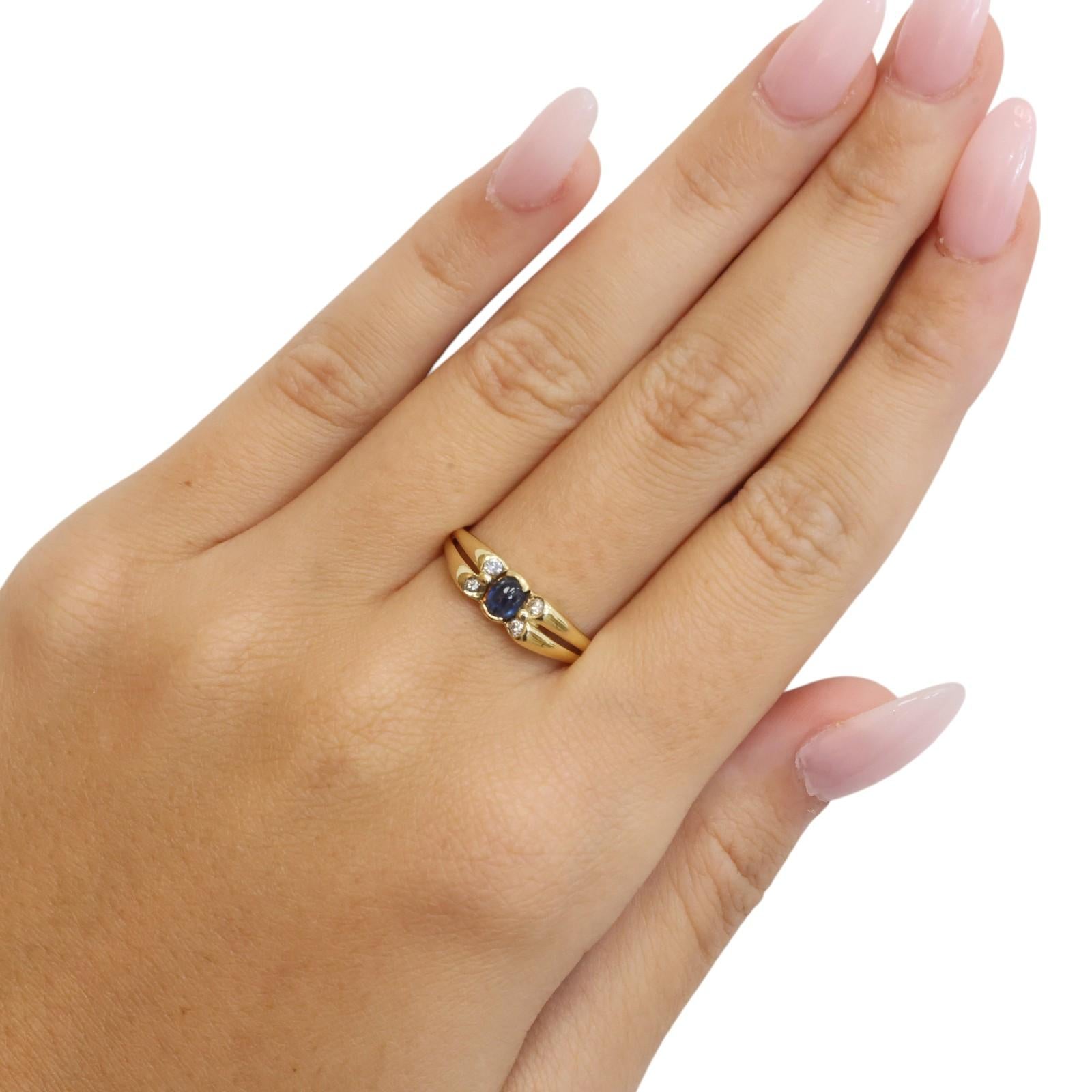 14K Yellow Gold Natural Blue Sapphire Diamond Ring Oval Cabochon Size 6