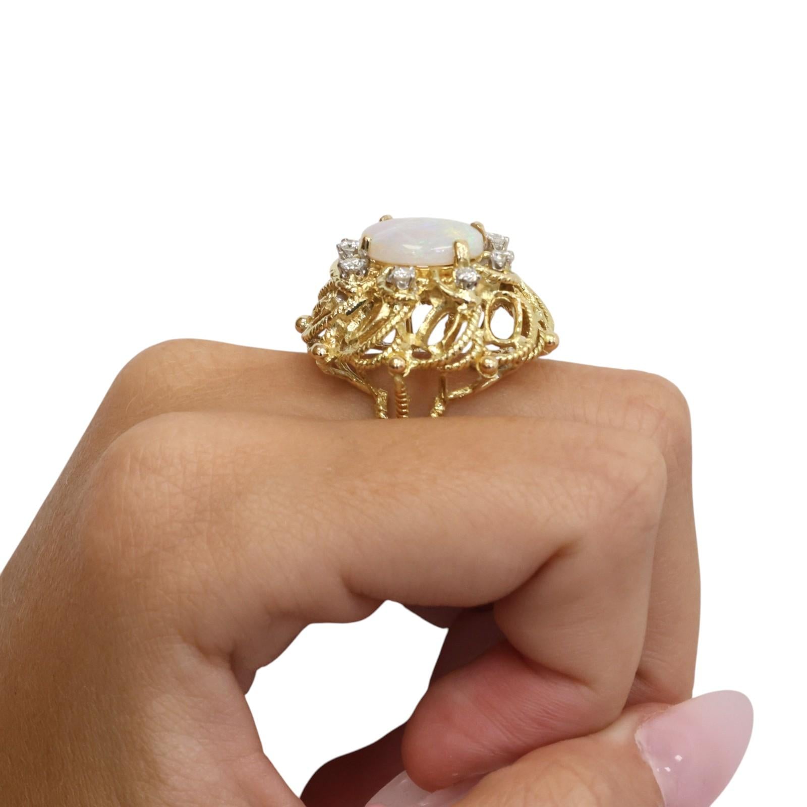 14K Gold White Opal Diamond Ring 3.01CTW Vintage Cocktail Estate Size 6