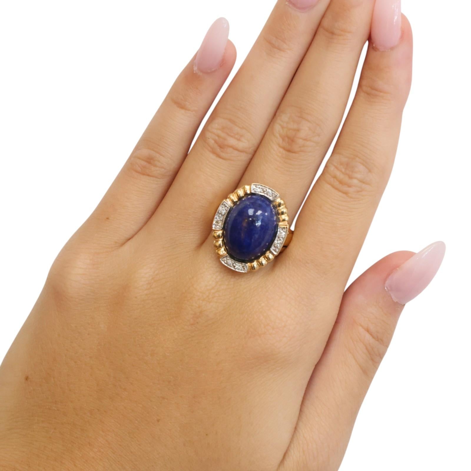 Two Tone Gold Lapis Lazuli Diamond Cocktail Ring Oval Cabochon Size 5.5
