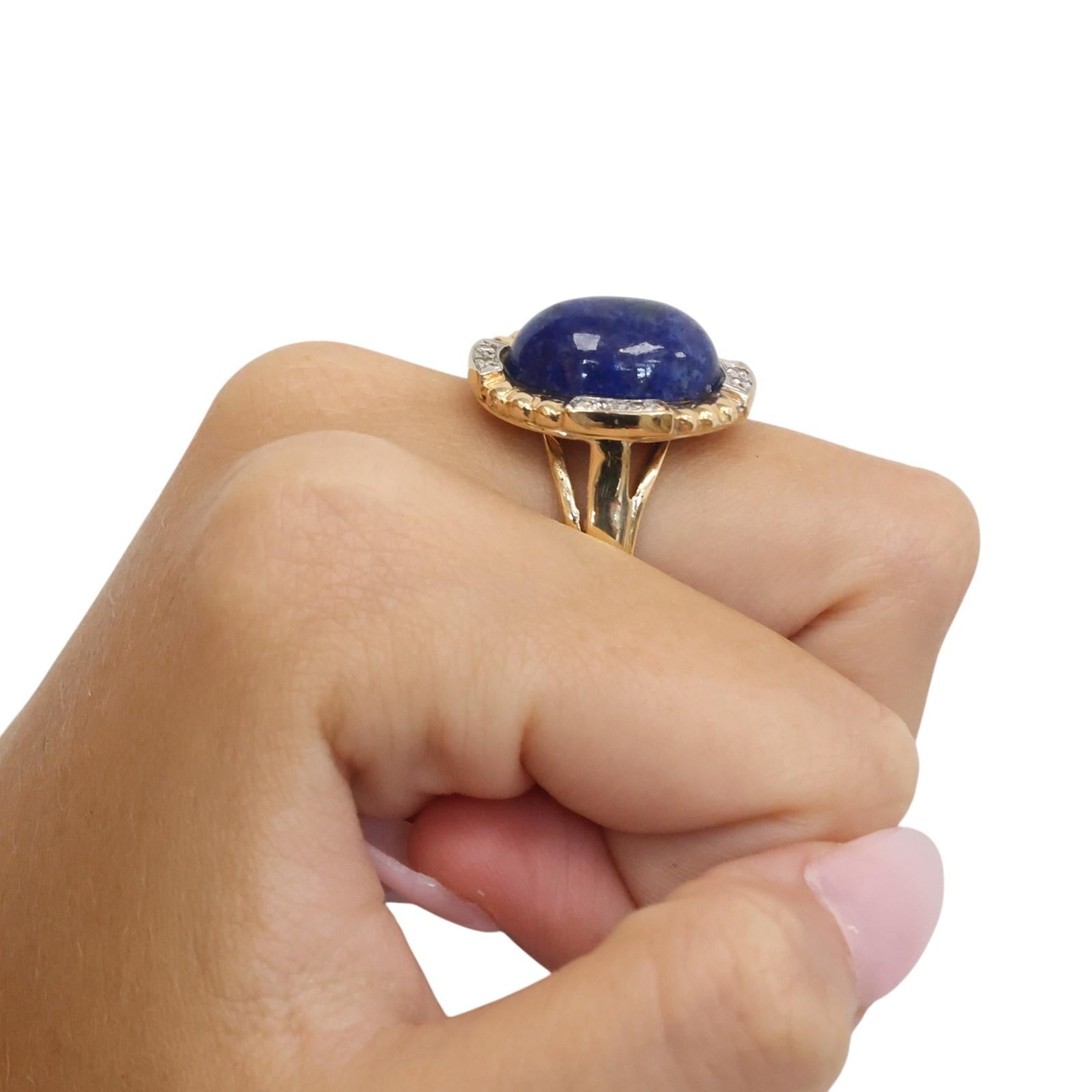 Two Tone Gold Lapis Lazuli Diamond Cocktail Ring Oval Cabochon Size 5.5