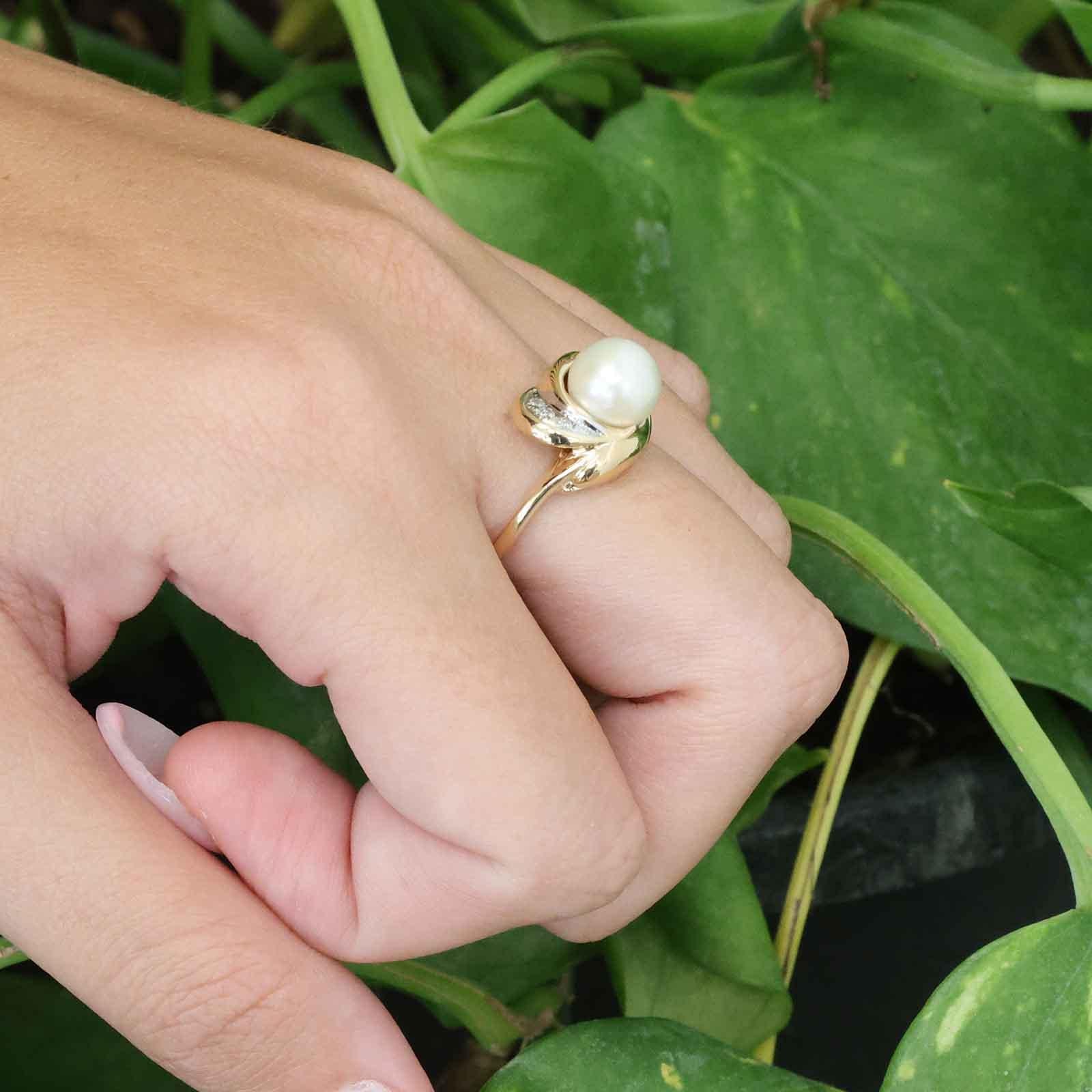 Akoya Pearl Diamond Bypass Ring 14K Two Tone Gold Vintage Size 6