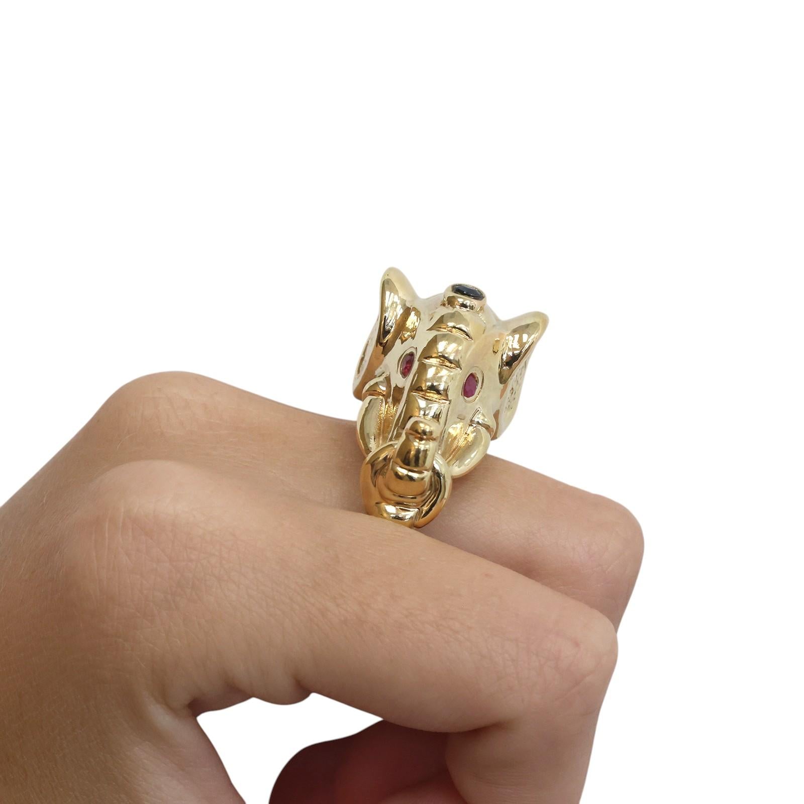 14K Yellow Gold Elephant Head Ruby Sapphire Statement Ring Size 8 Estate