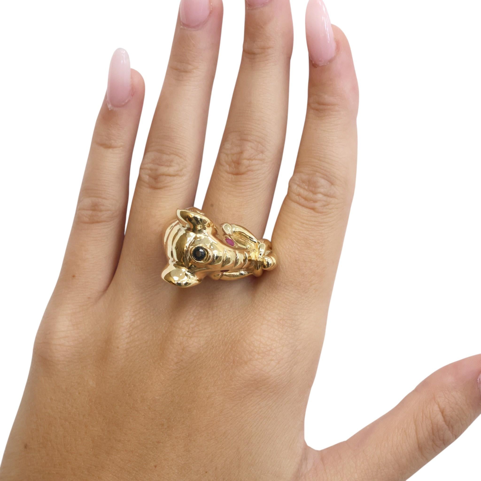 14K Yellow Gold Elephant Head Ruby Sapphire Statement Ring Size 8 Estate