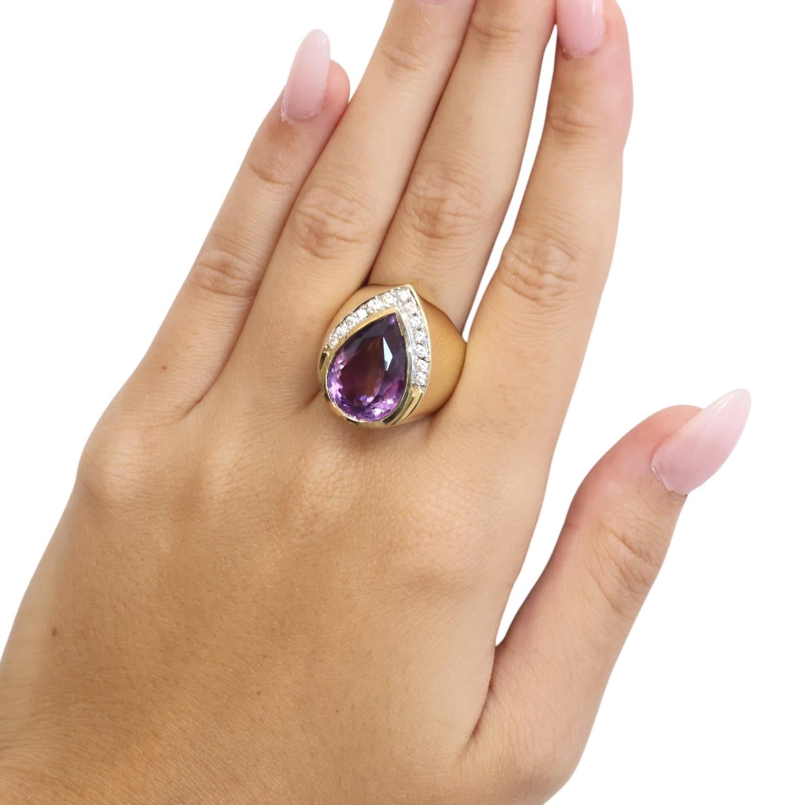 14K Two Tone Gold 7.62CTW Amethyst Diamond Pear Statement Ring 7.25CT Size 6
