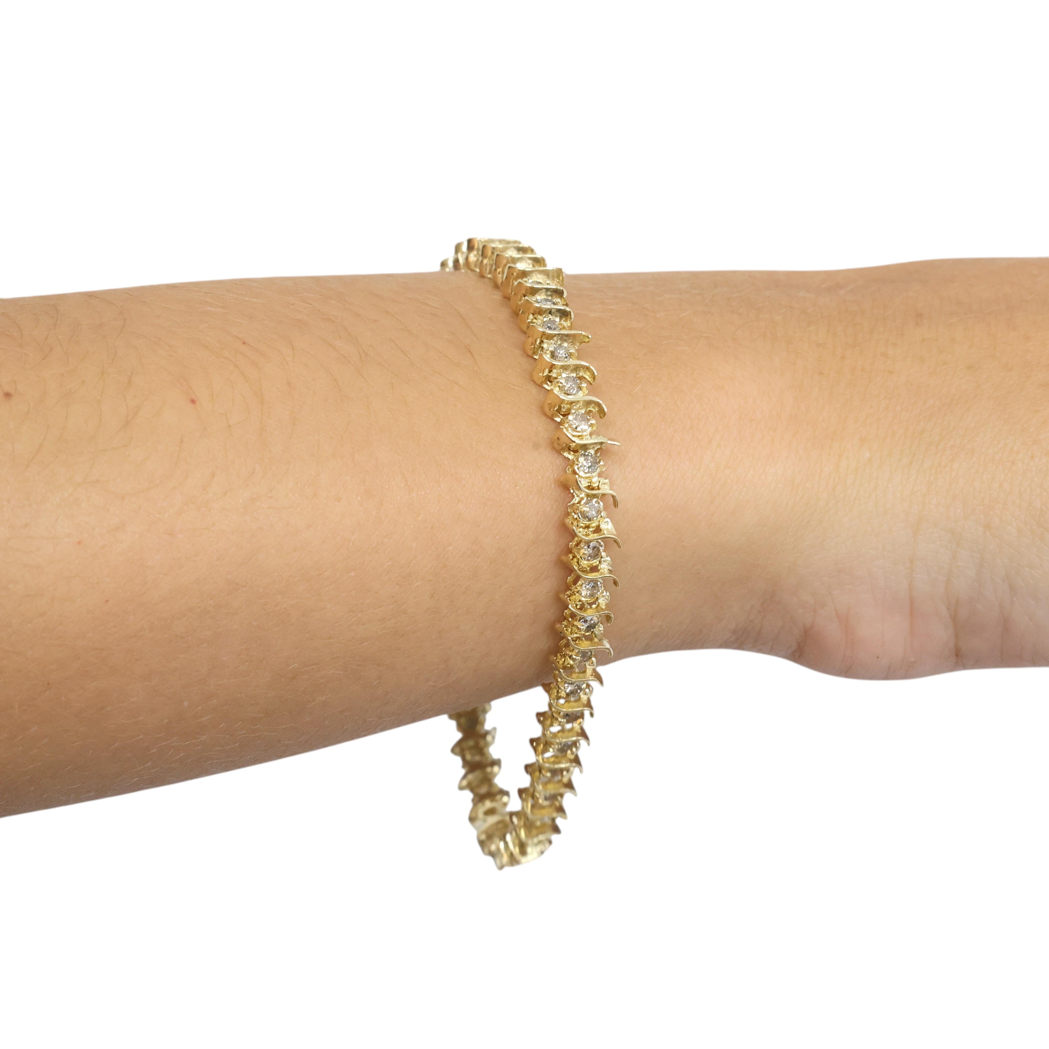 2.00TW Natural Champagne Brown Diamond S Link Tennis Bracelet 14K Yellow Gold 7"