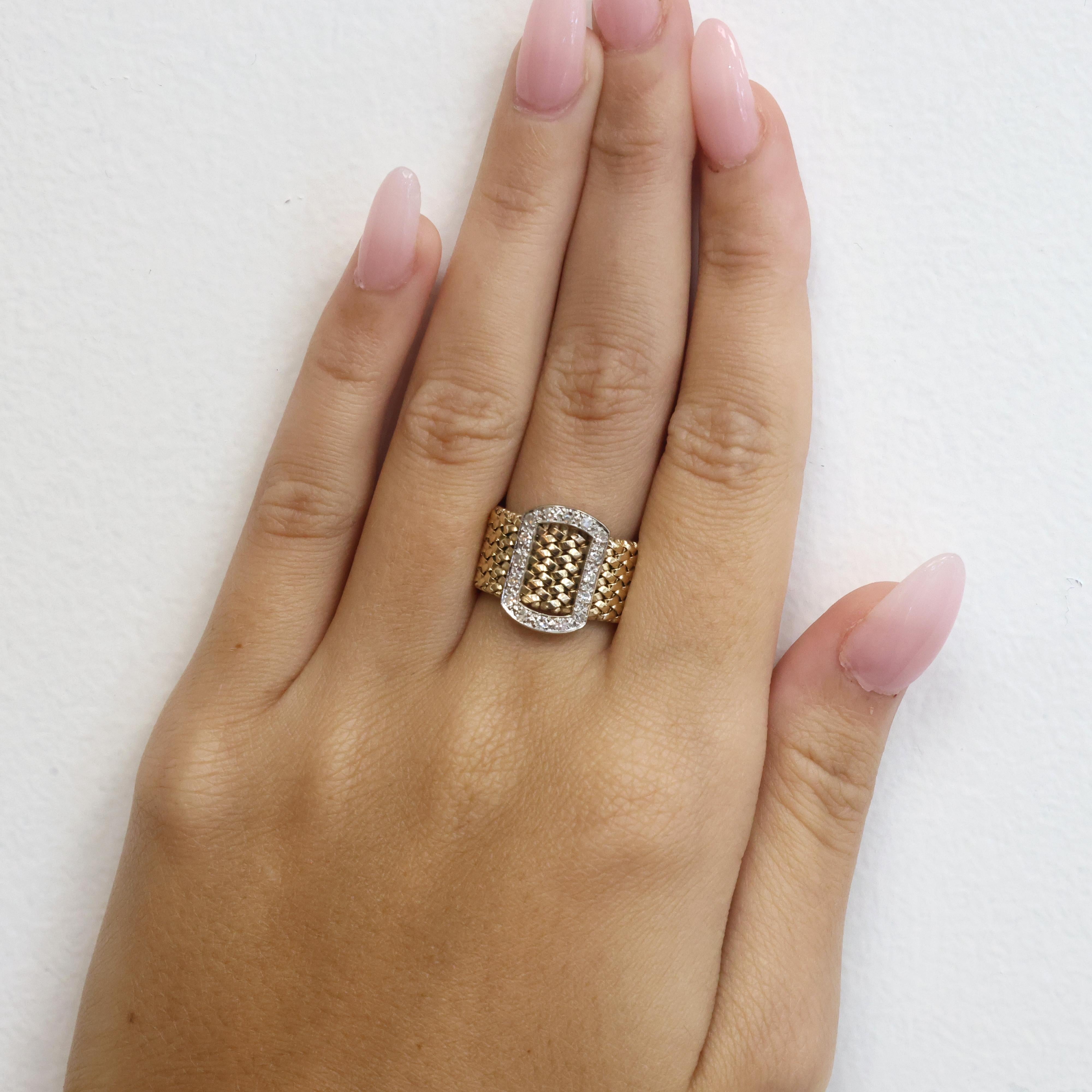 Vintage 14K Two-Tone Gold Natural Diamond Buckle Wide Band Ring 0.18CTW Size 5.5