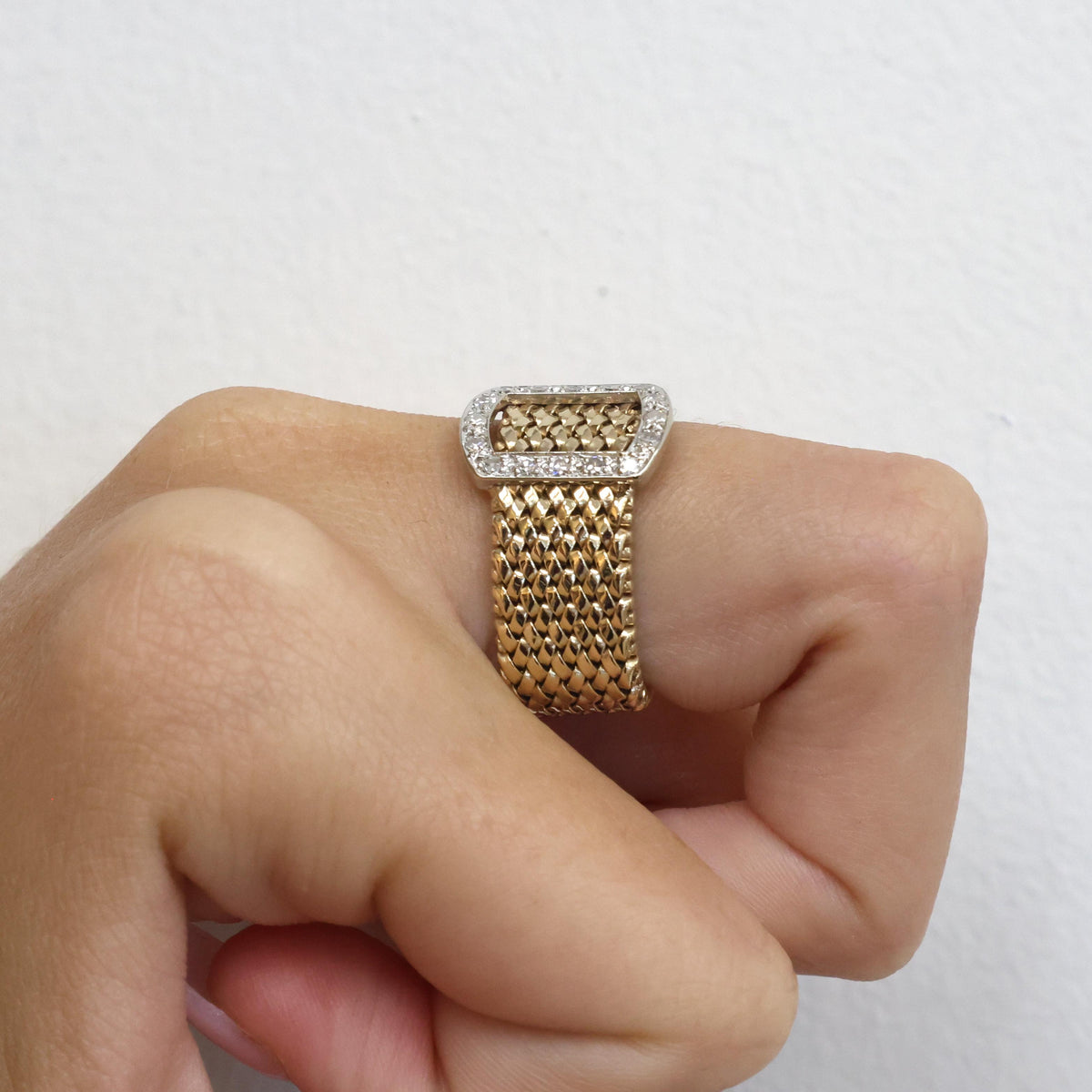 Vintage 14K Two-Tone Gold Natural Diamond Buckle Wide Band Ring 0.18CTW Size 5.5