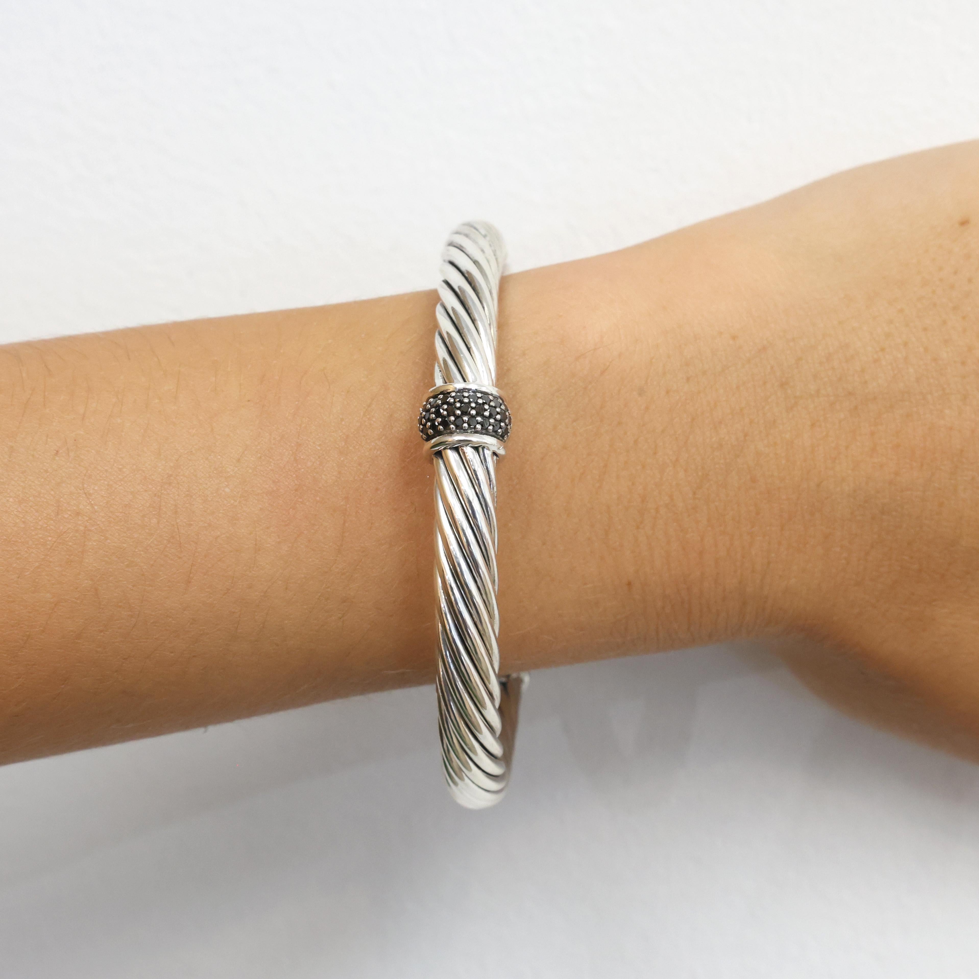 David Yurman Black Diamond Cable Classics Cuff Bracelet Sterling Silver 925 6.5"
