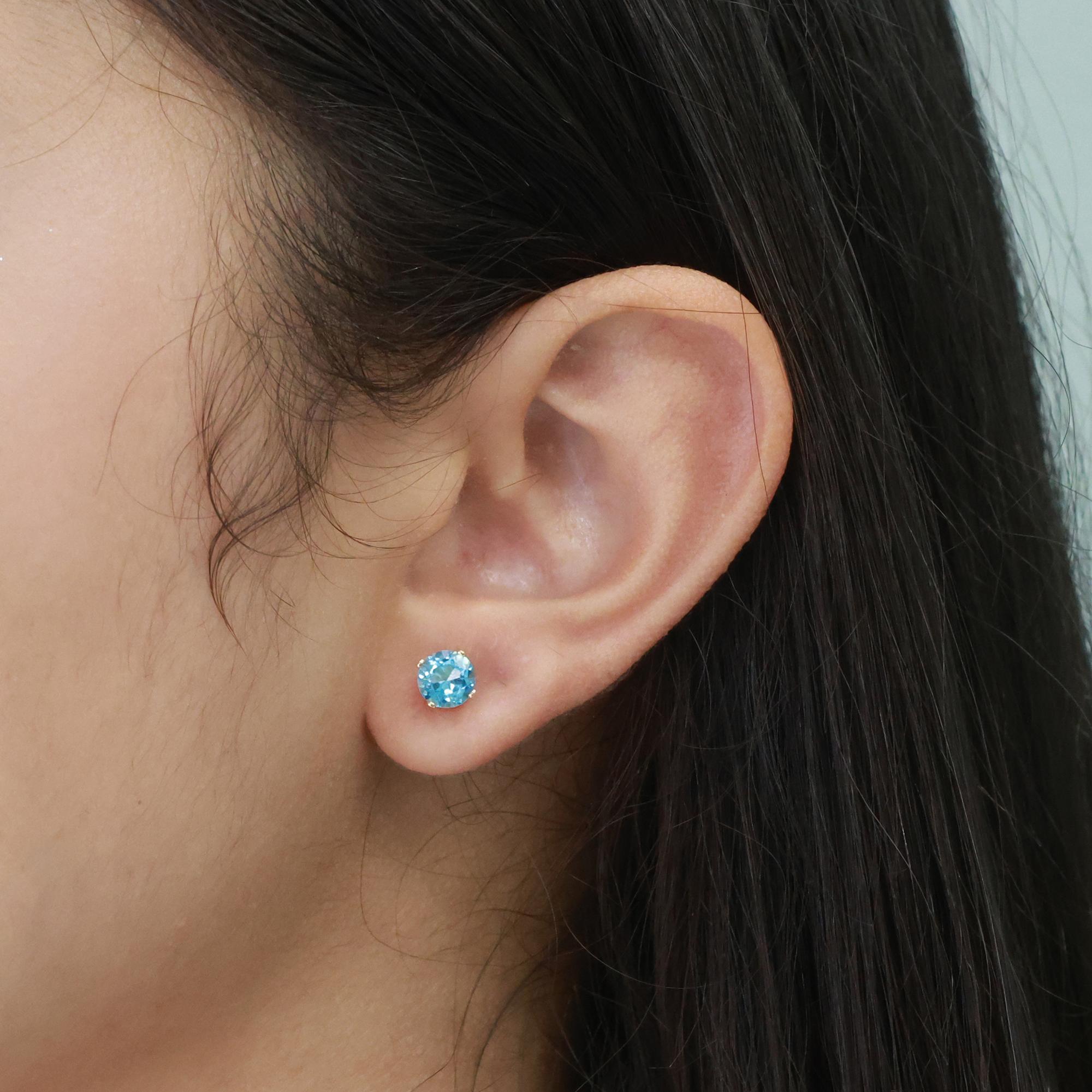 Round Blue Topaz Gemstone Stud Earrings 14K Yellow Gold 1.96 CTW 6 MM