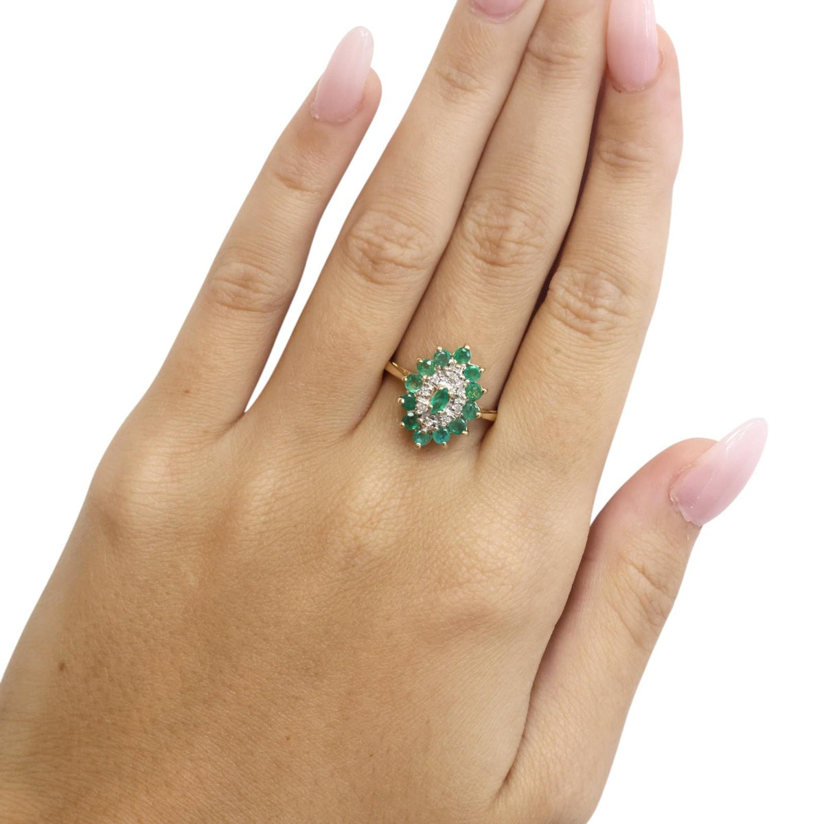 Natural Emerald Diamond Cluster Ring 10K Two Tone Gold 0.88 CTW Size 6.25