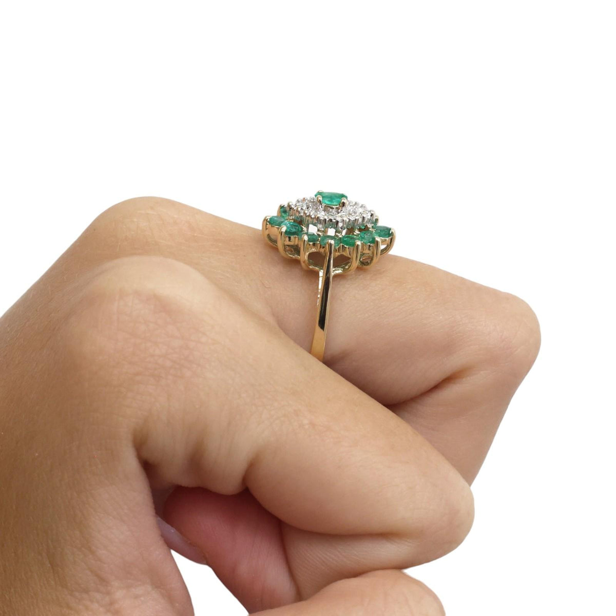 Natural Emerald Diamond Cluster Ring 10K Two Tone Gold 0.88 CTW Size 6.25