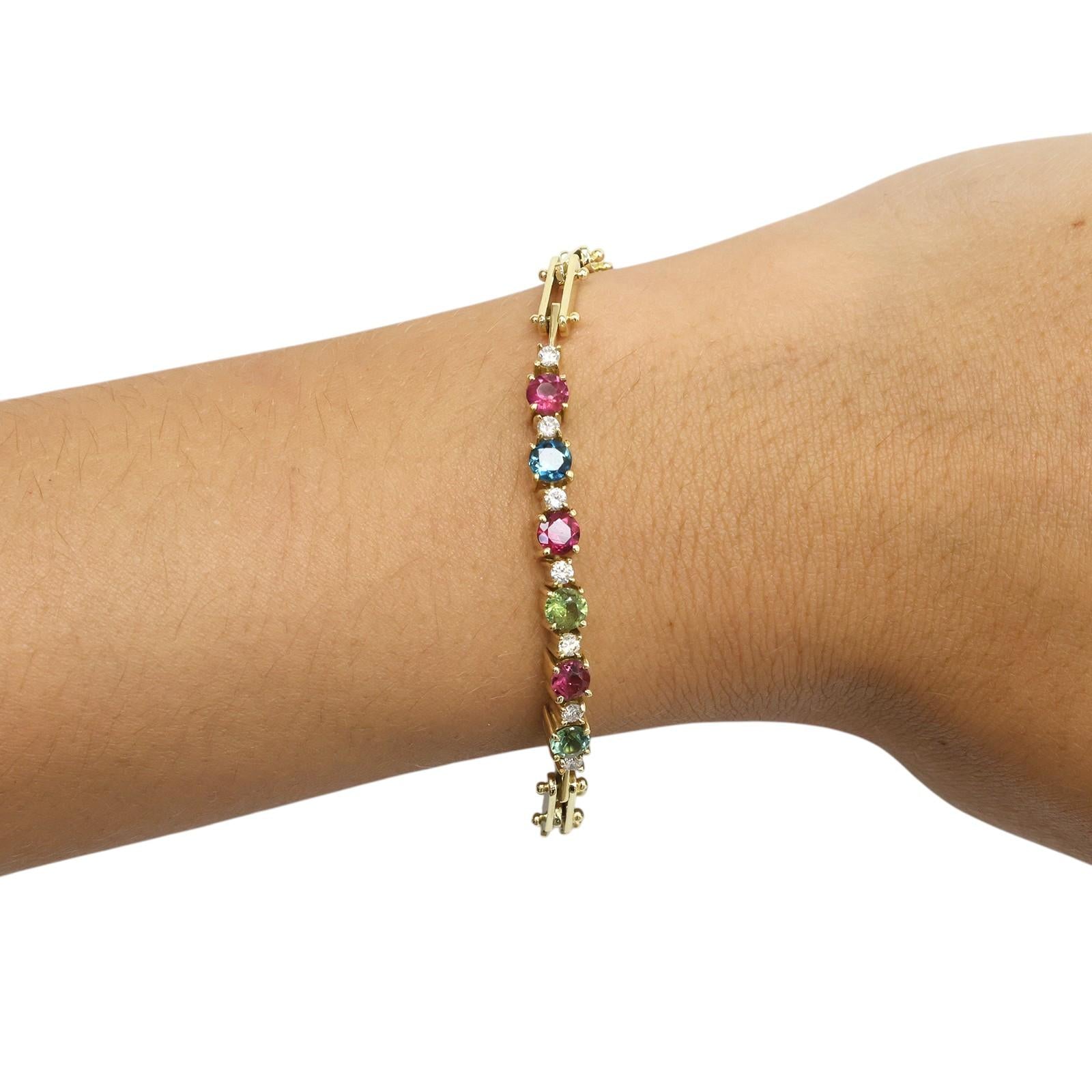 Yellow Gold Multicolored Tourmaline Diamond Tennis Bracelet 1.96CTW Estate 6"