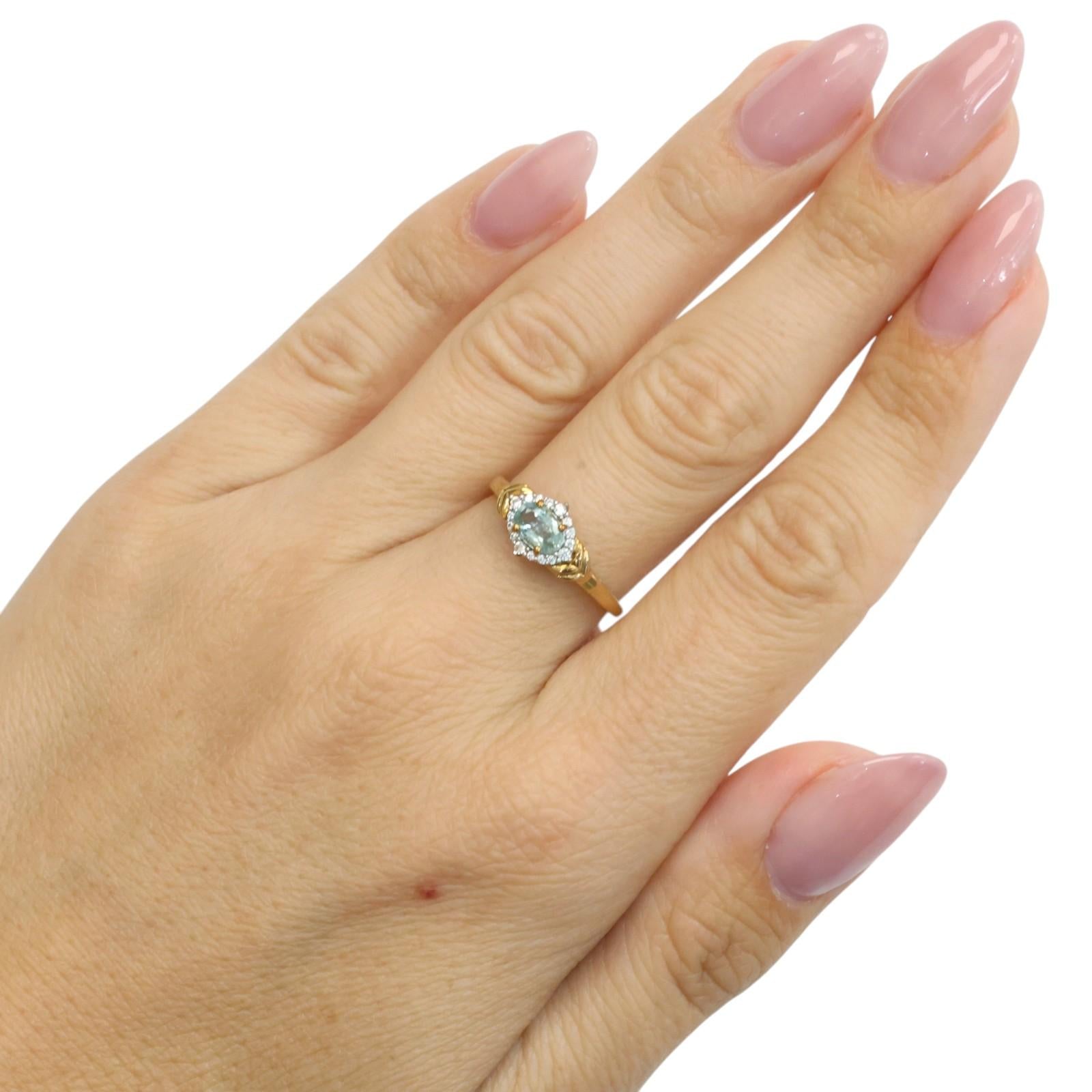 Blue Topaz White Topaz Halo Ring 9K Yellow Gold Size 7.25 Vintage Style