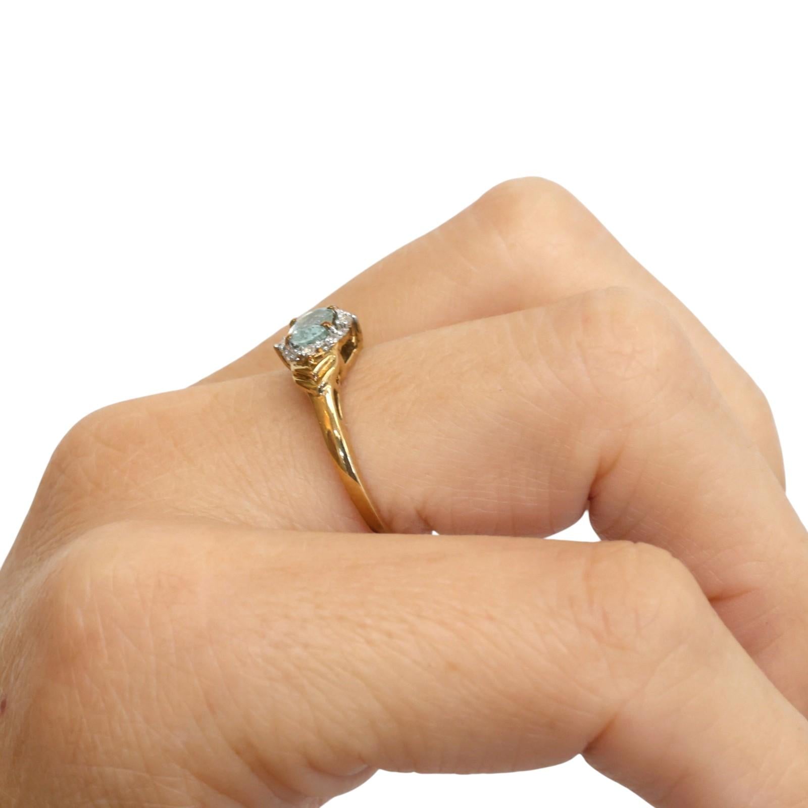 Blue Topaz White Topaz Halo Ring 9K Yellow Gold Size 7.25 Vintage Style