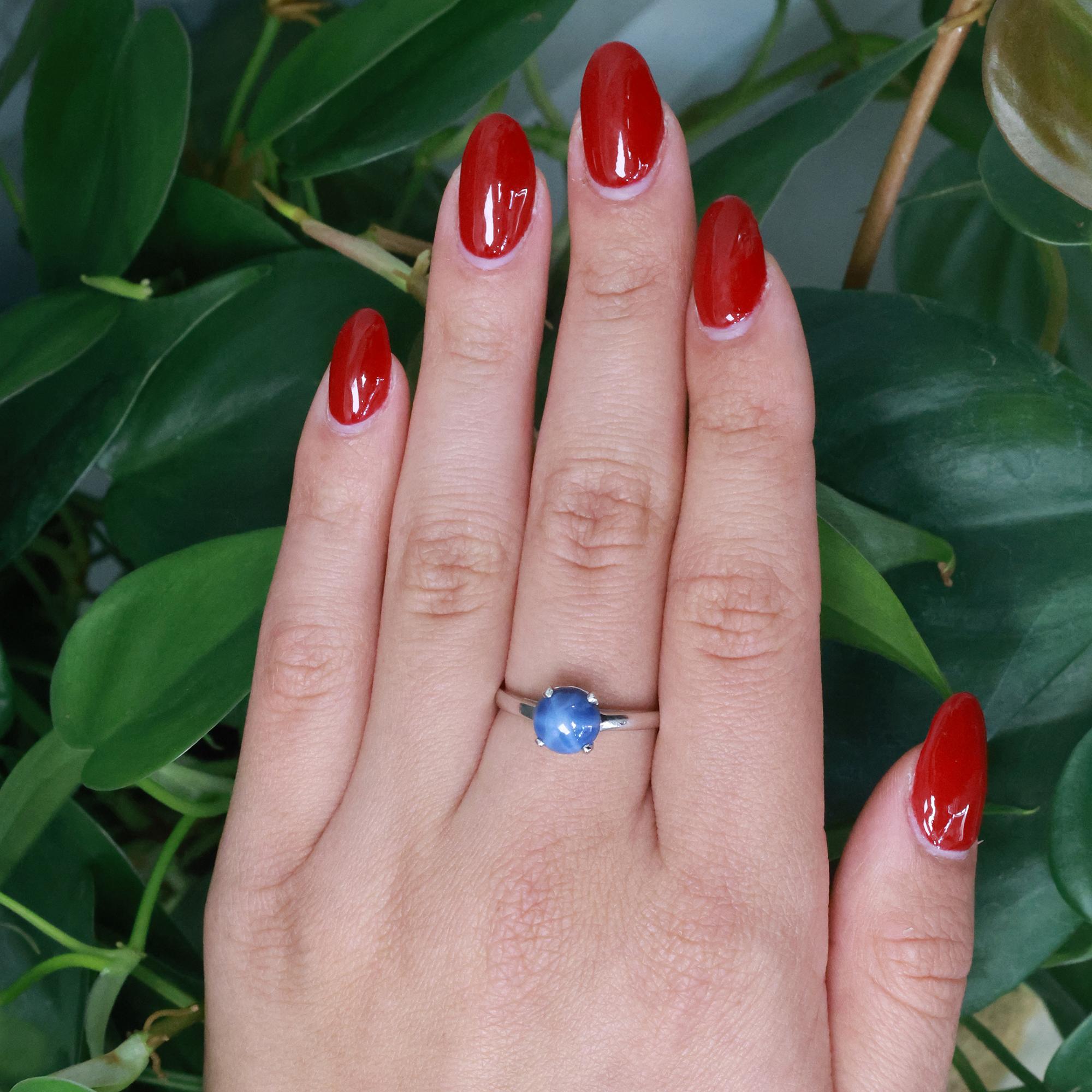 Star Blue Sapphire Solitaire Ring 14K White Gold 2.85 CT Lab Grown Size 9 Estate
