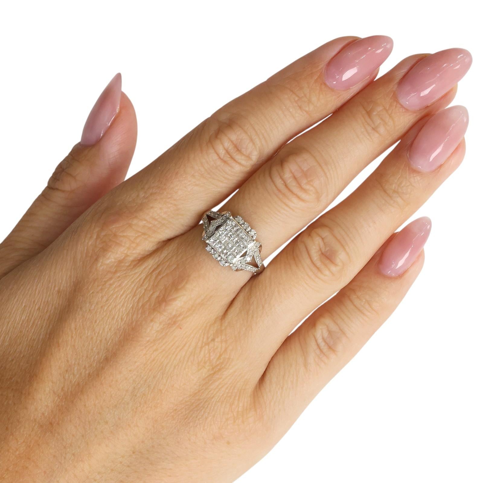 10K White Gold 0.65 CTW Diamond Princess Cluster Cocktail Ring Size 7.25