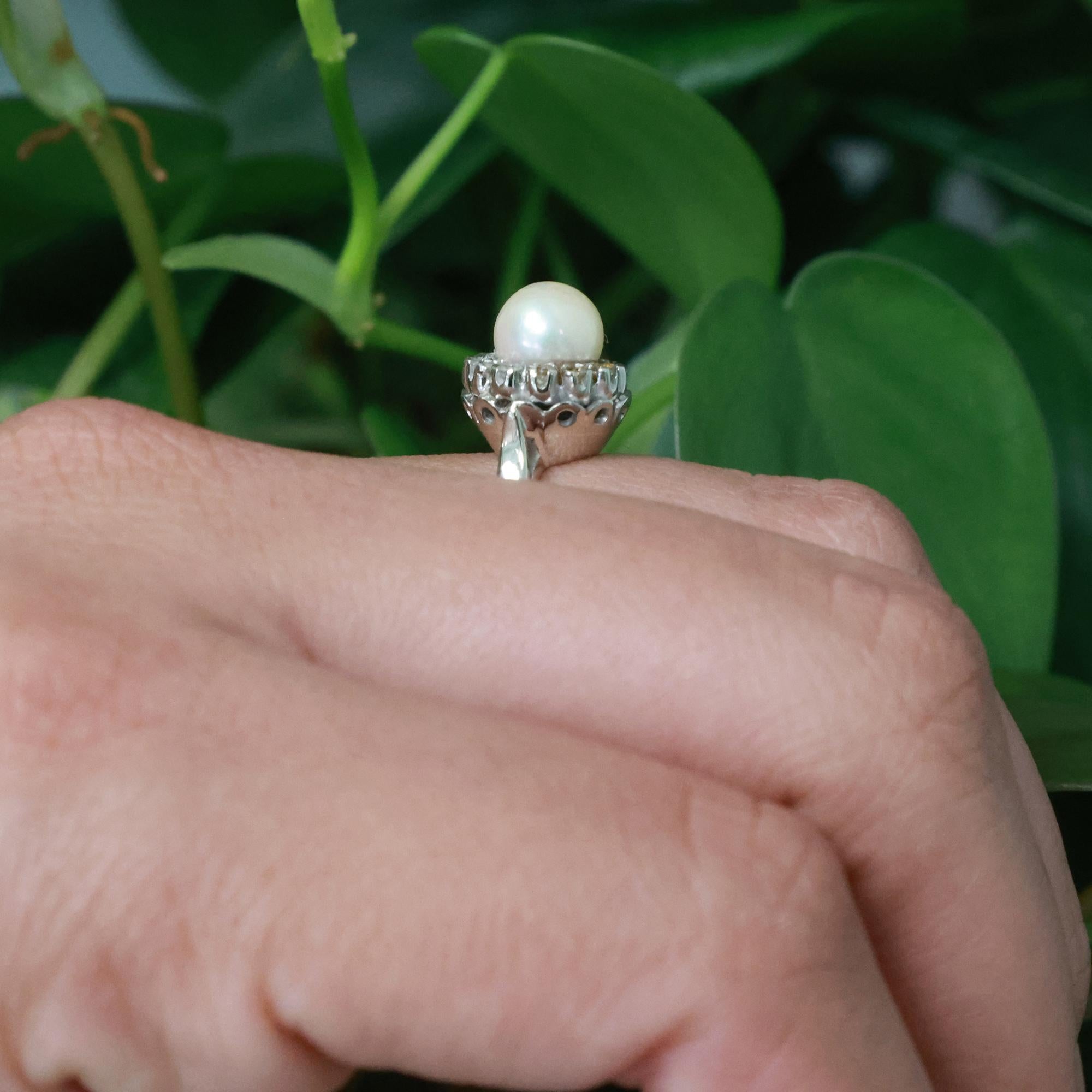 Vintage Akoya Pearl Quartz Halo Ring 14K White Gold Size 5.75 Ladies Estate