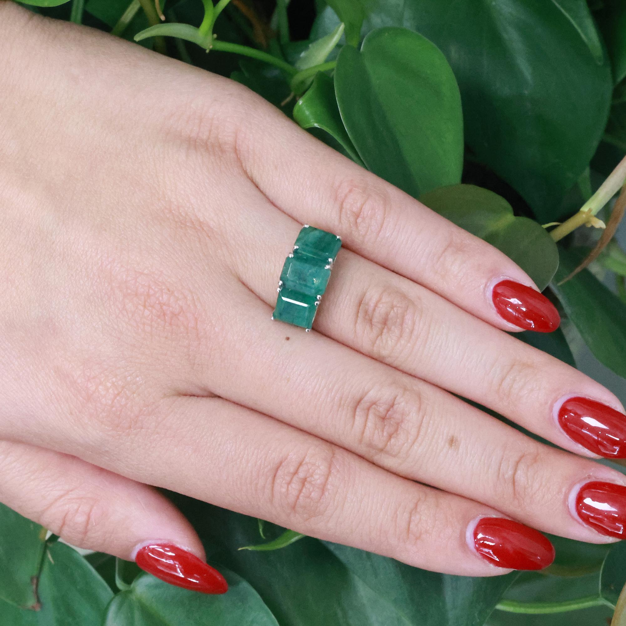 3-Stone Emerald Cut Emerald Gem Ring 14K White Gold 5.05 CTW Size 5.75 Ladies