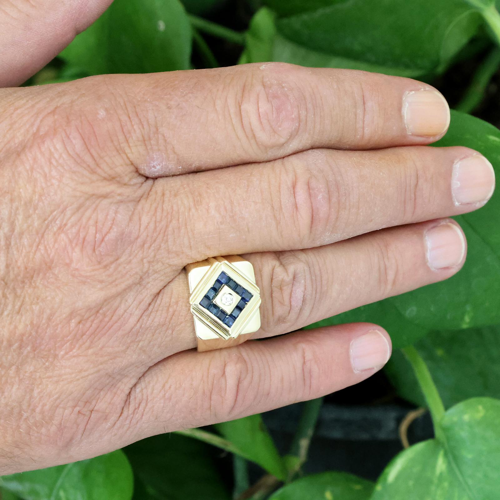 14K Gold Men's Princess Sapphire Diamond Signet Ring Size 10.25 Estate 0.55CTW