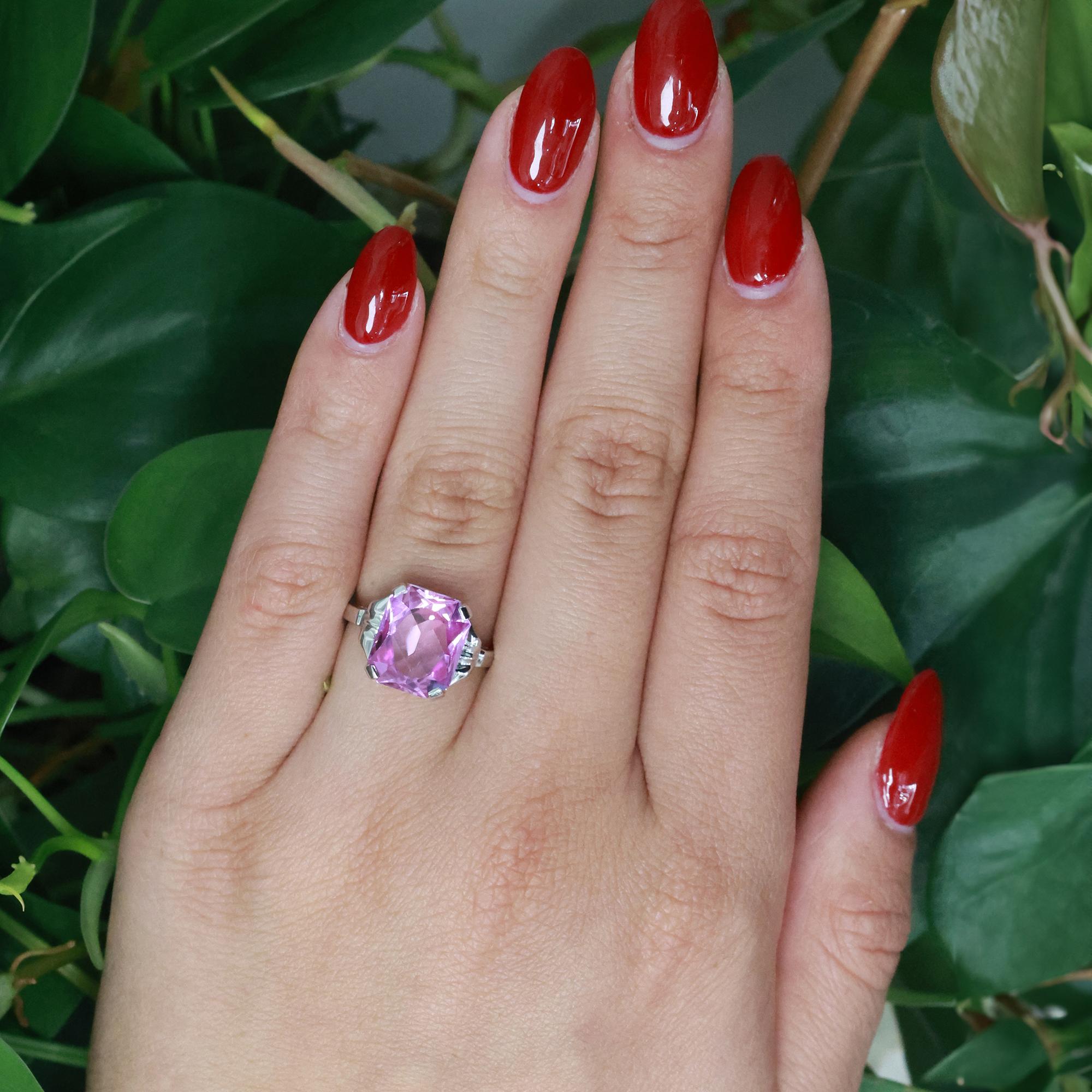 Pink Sapphire Solitaire Ring 10K White Gold 9.07 CT Lab Grown Ladies Size 5