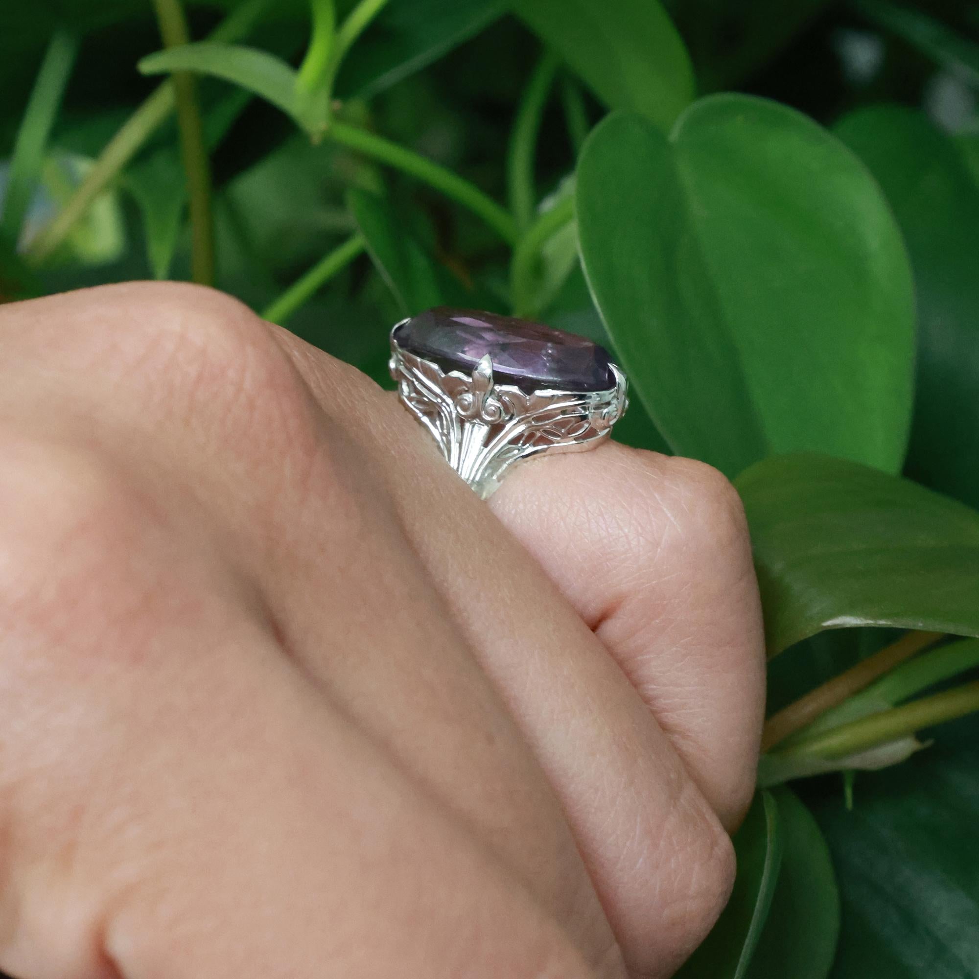 Vintage Solitaire Amethyst Filigree Ring 14K White Gold 4.75 CT Size 4 Ladies
