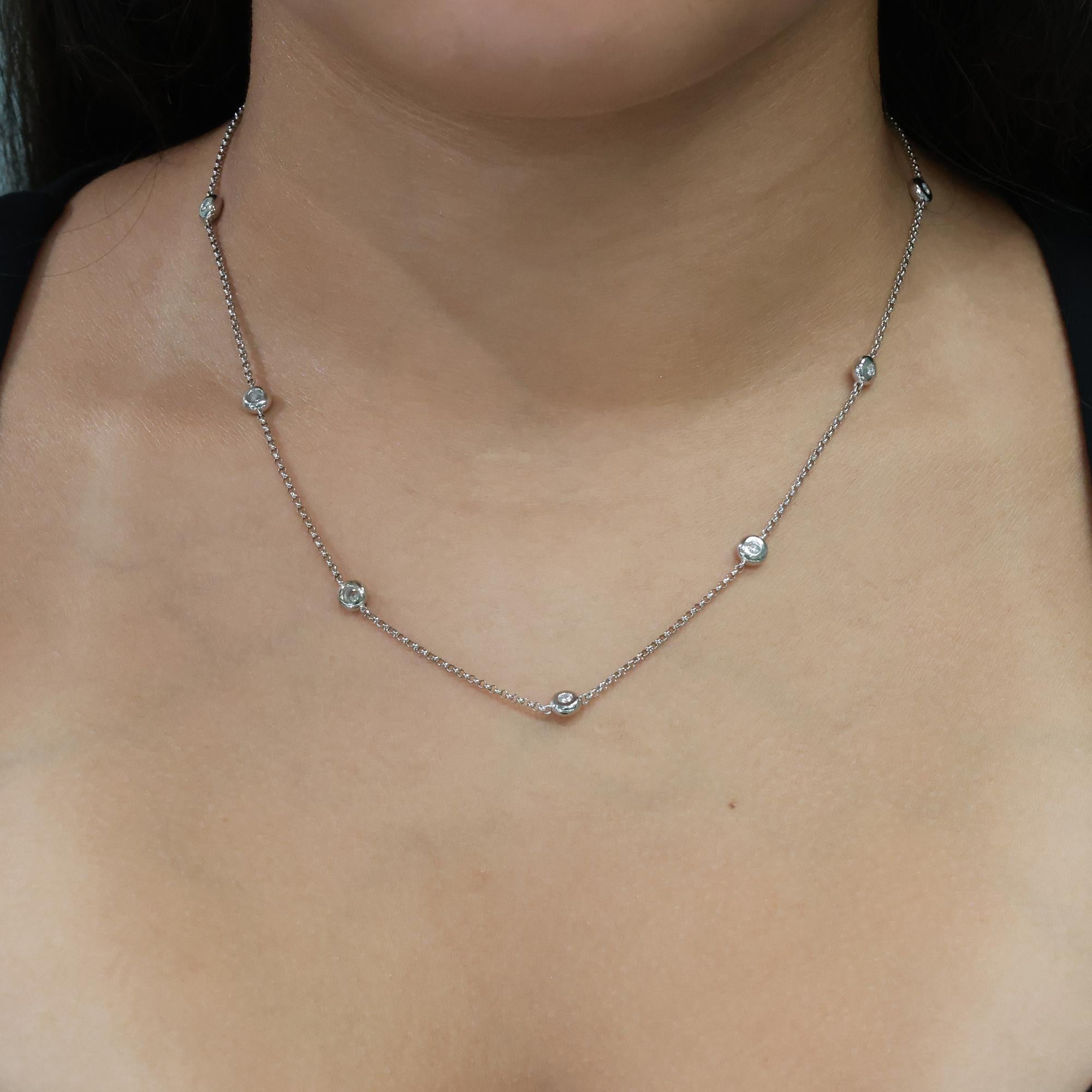 0.50 TW Bezel Diamond Station Necklace 14K White Gold Rolo Link Chain 17.75"