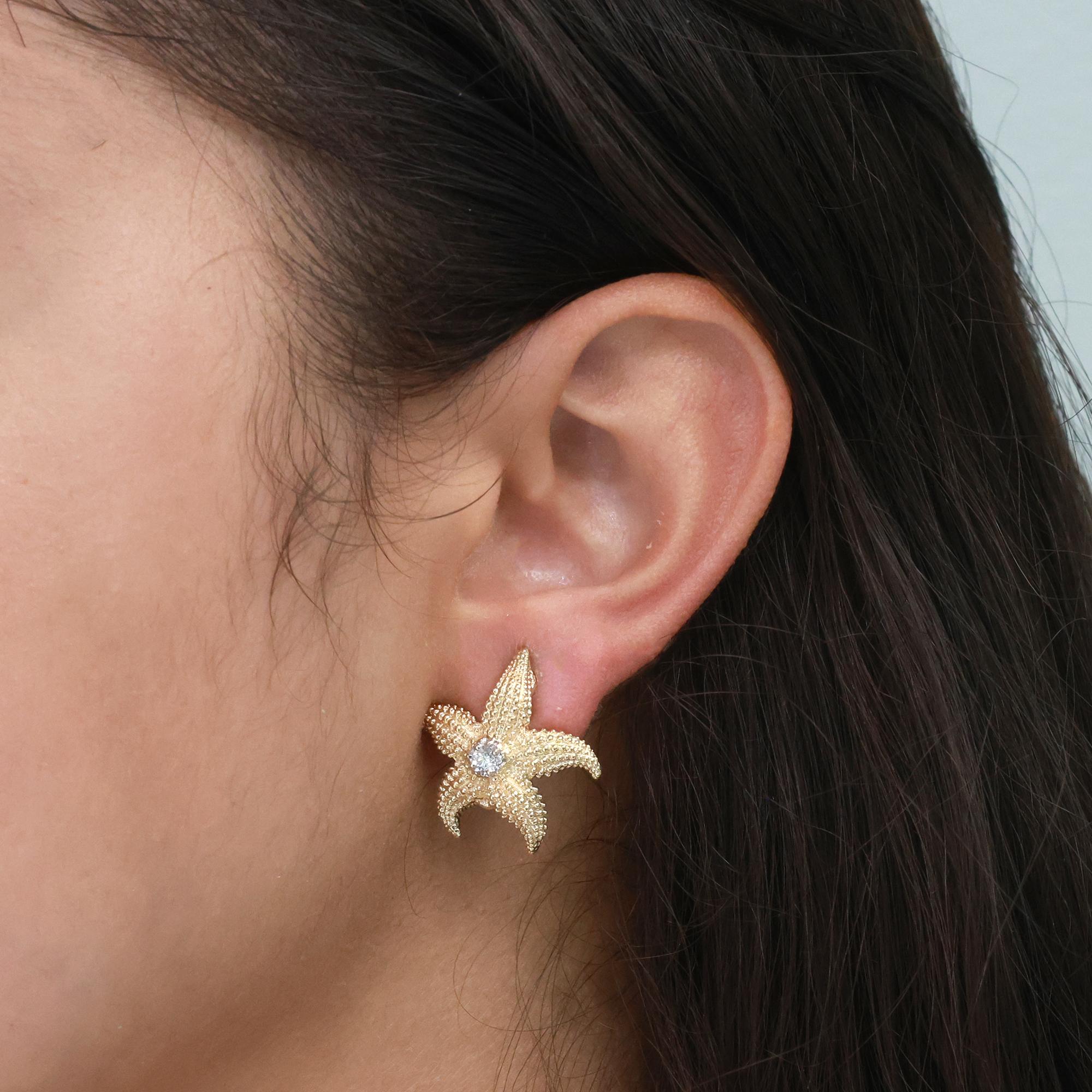 Vintage Diamond Starfish Stud Earrings 14K Yellow Gold 0.25 TW 0.60" Estate