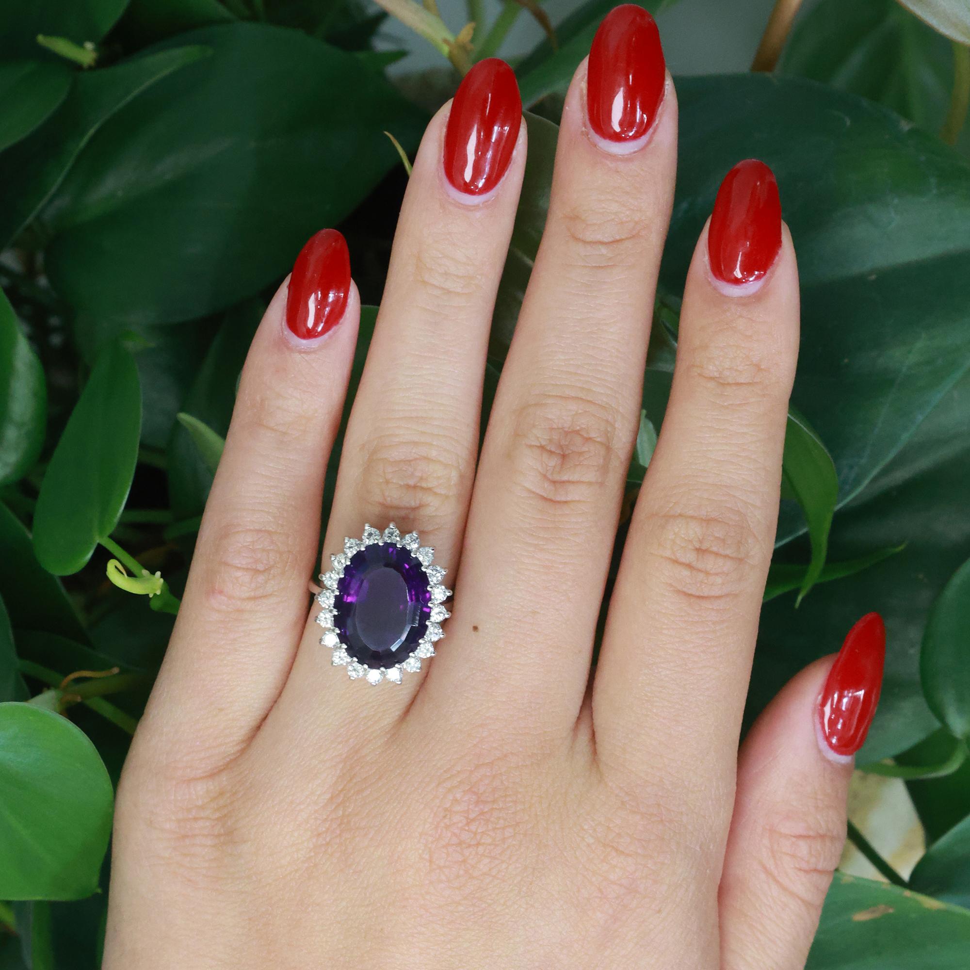 Amethyst Halo Diamond Statement Ring 14K White Gold 9.62 CTW SZ 6 Ladies Estate