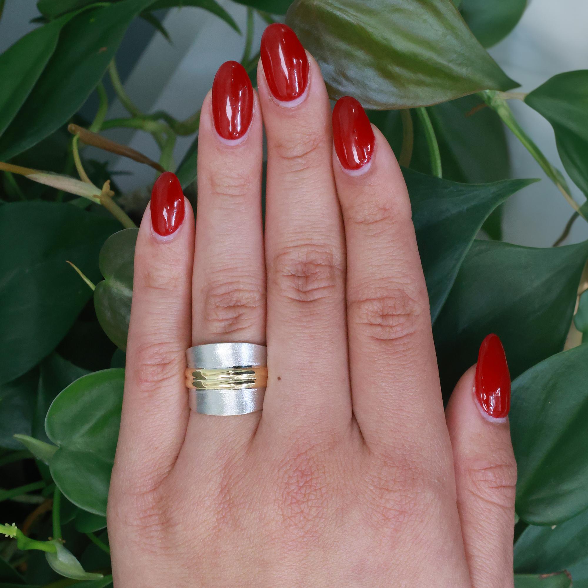 18K Two-Tone Gold Wide Band Ring Brushed Gold Open Shank Size 6.75 Estate