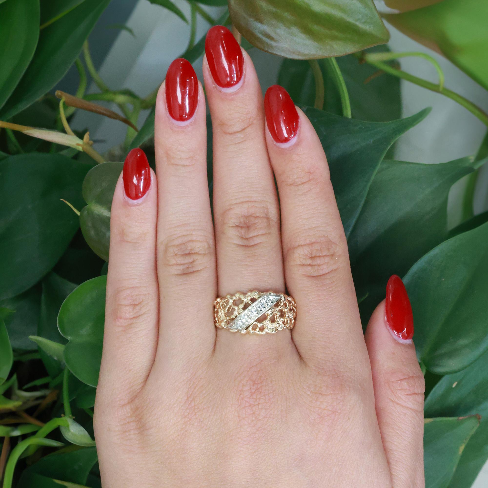 Vintage Diamond Filigree Wide Band Ring 14K Gold 0.35 TW Size 12.25 Estate