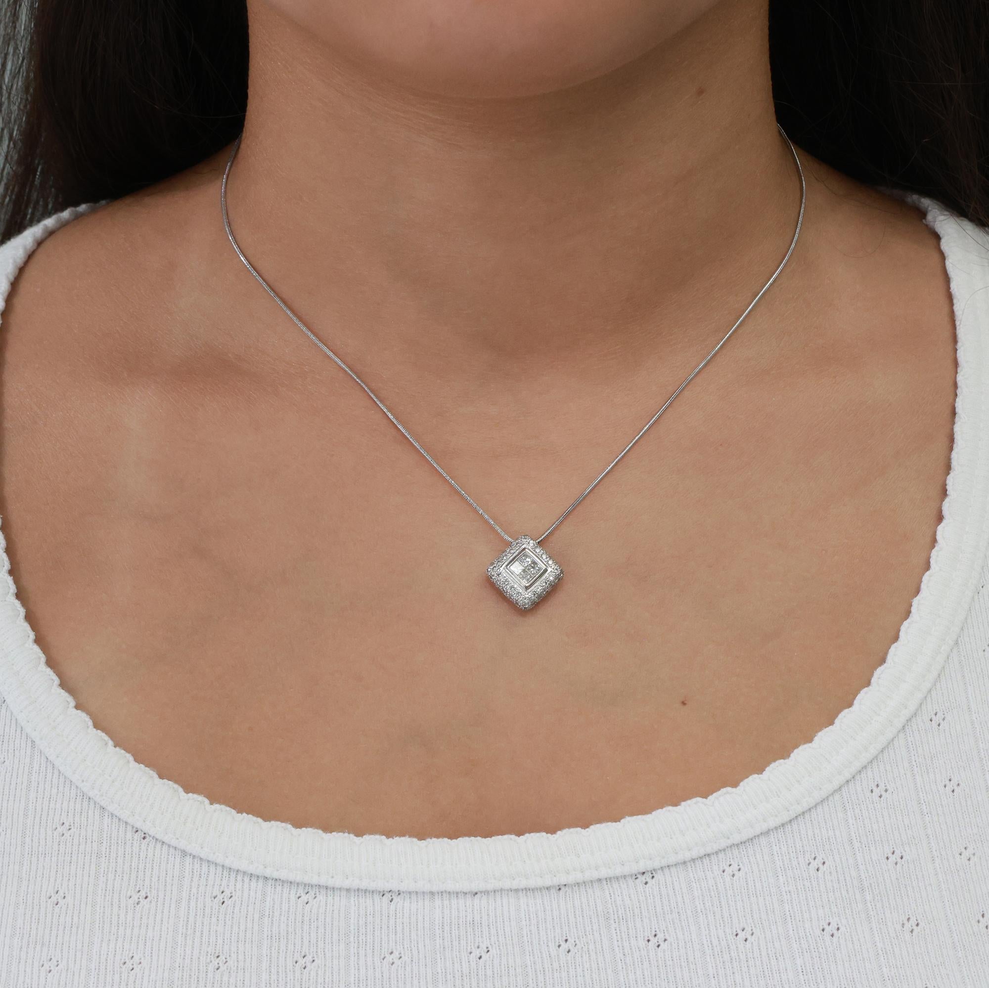 1.00 TW Halo Diamond Square Pendant Chain Necklace 14K 18K White Gold 16.25"