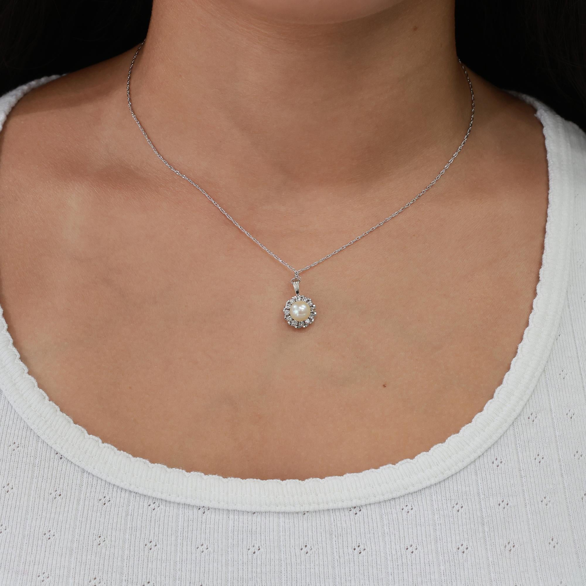 Akoya Pearl Quartz Halo Pendant Chain Necklace 14K/18K White Gold 16.75"