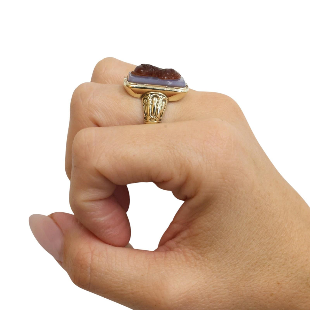 Victorian Style Two-Layer Sardonyx Chalcedony Banded Cameo Ring 14K Yellow Gold